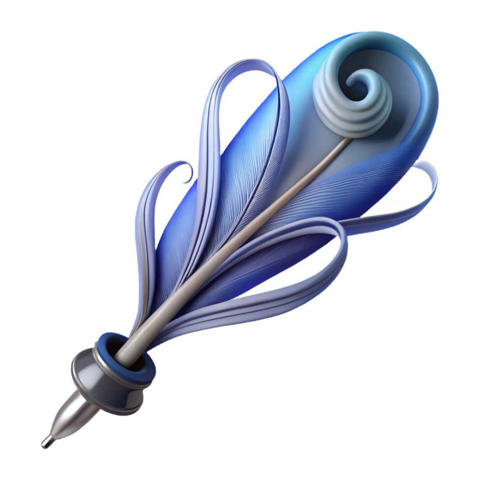 beautiful traditional A single feather pen with ink trailing off into swirling patterns, detailed png