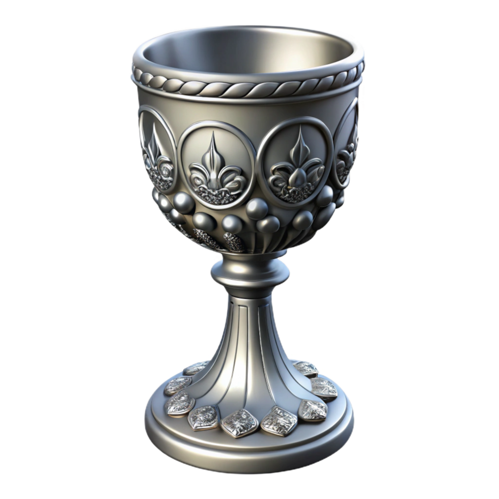 serene abstract A single, ornate silver chalice, intricate carvings premium png