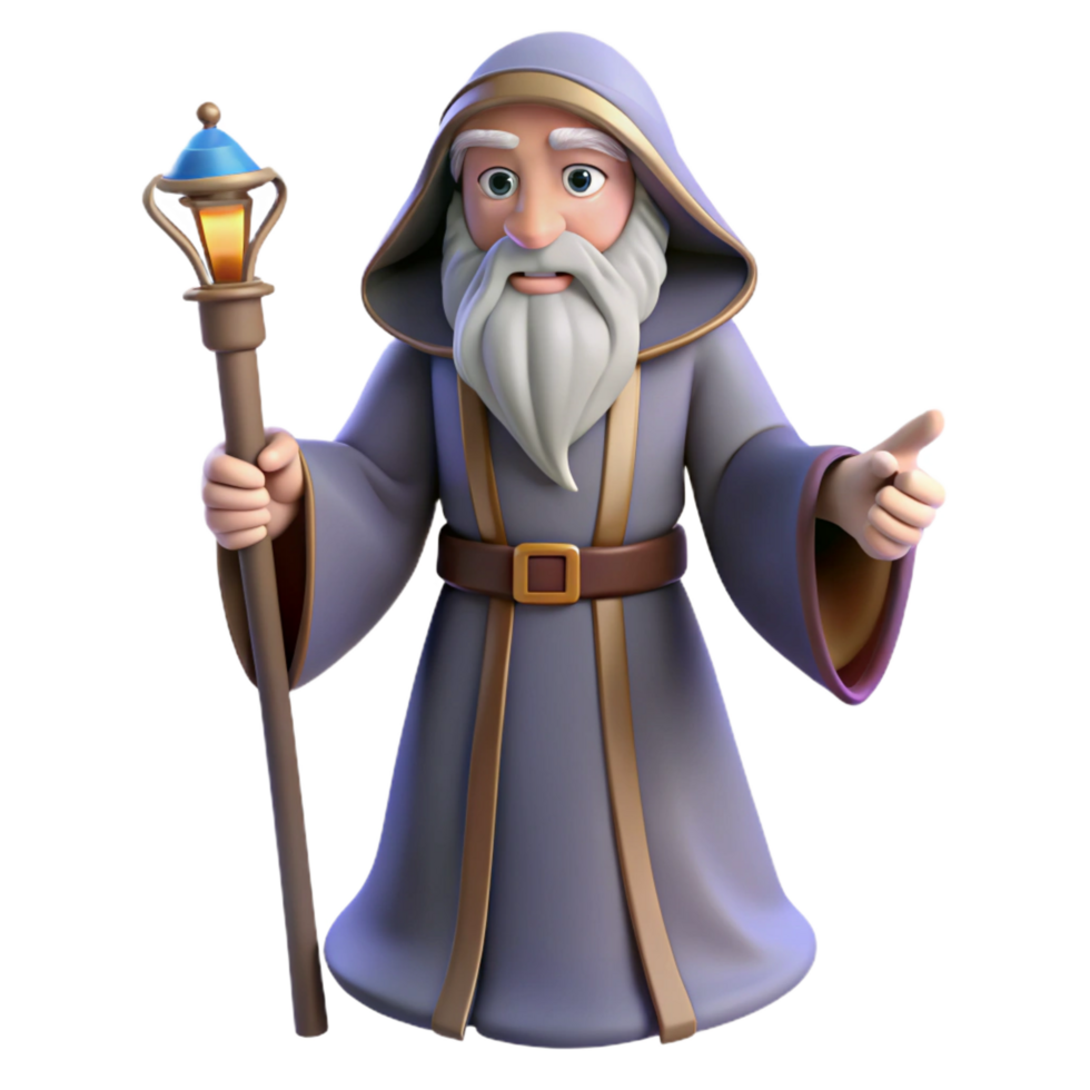 extraordinary modern A wise old wizard, long white beard, holding a staff detailed png
