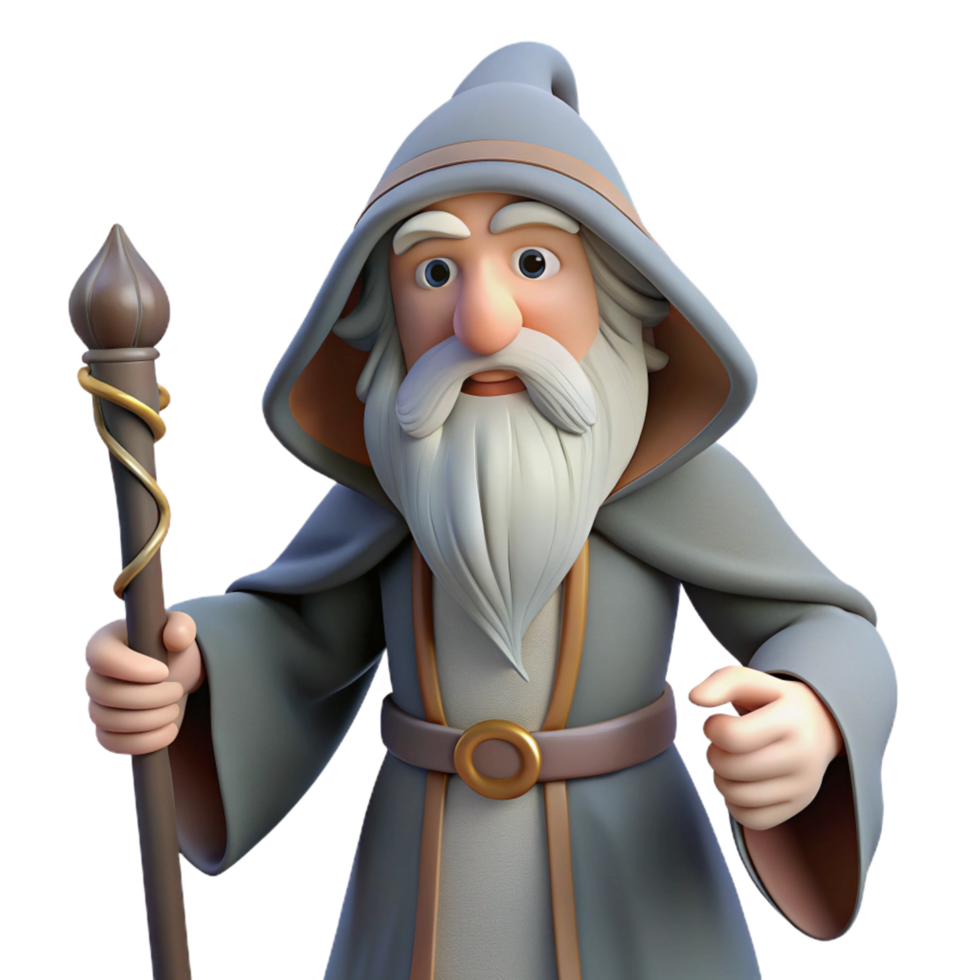 dramatic rustic A wise old wizard, long white beard, holding a staff premium png