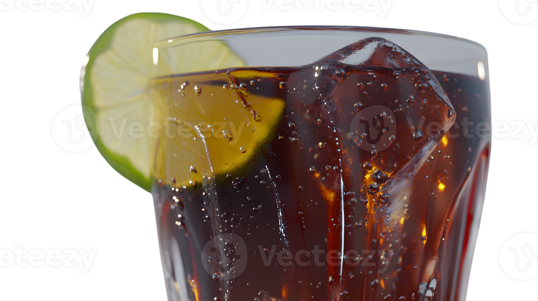 Closeup of refreshing carbonated drink with ice and lime wedge in glass png