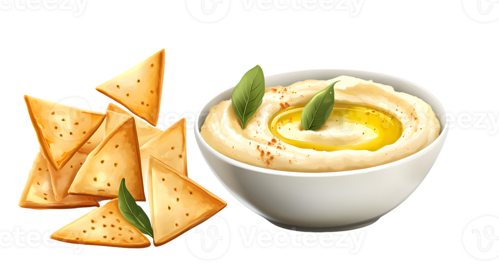Delicious Hummus with Olive Oil and Crispy Chips Perfect for Snacking or Party Dips png