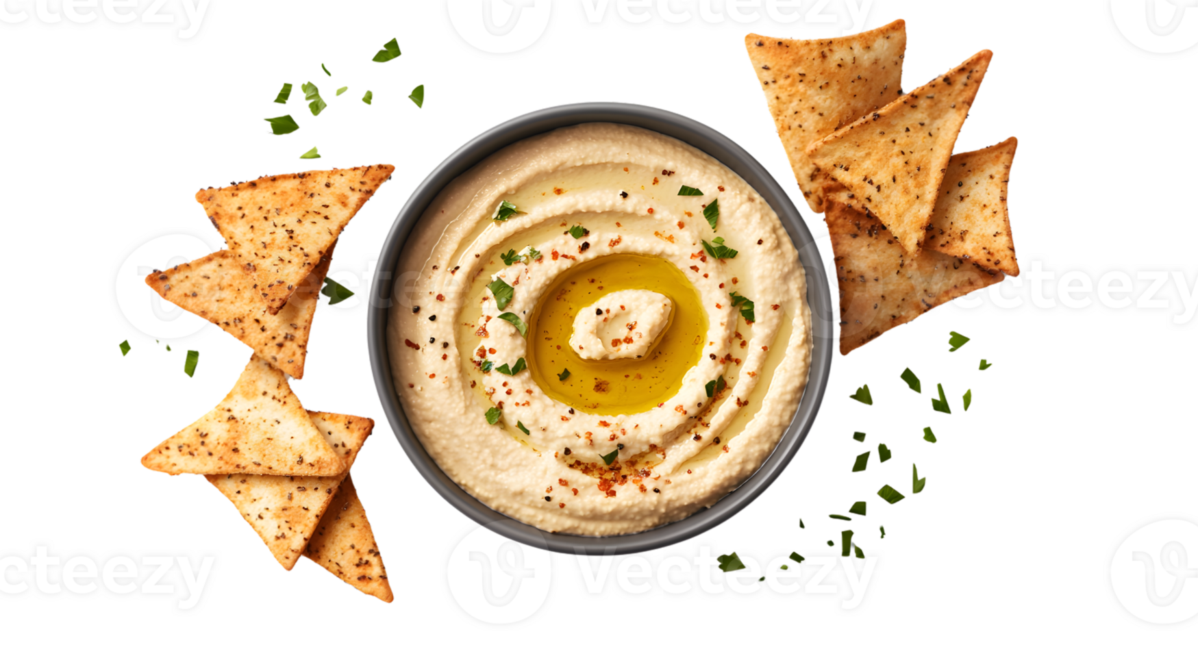 Delicious Hummus with Olive Oil and Crispy Chips Garnished with Fresh Herbs for Appetizer or S png
