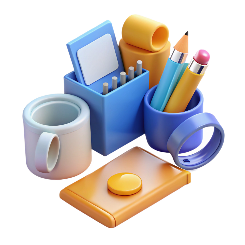 serene rustic Office supplies with various items, professional png