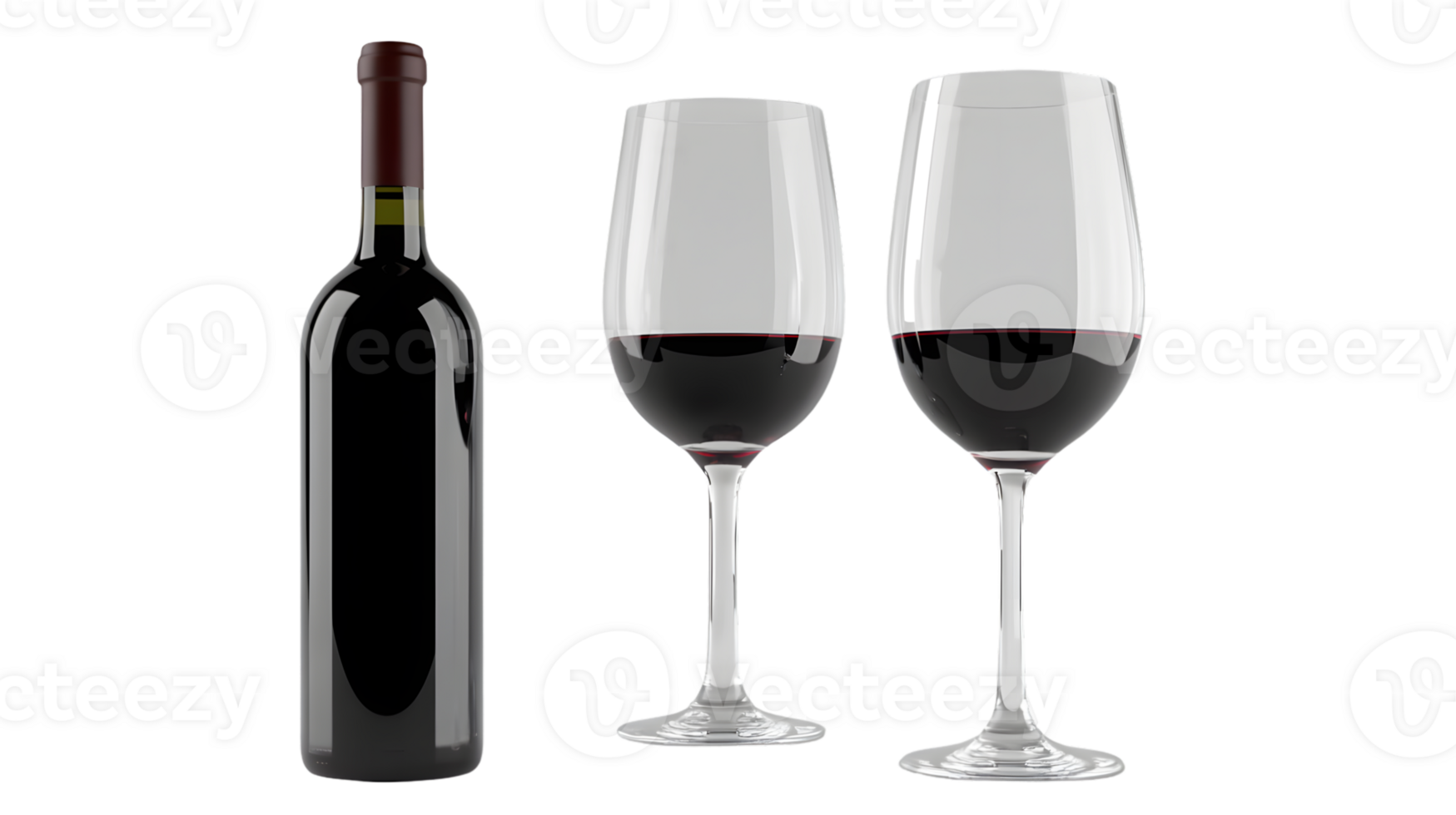 Elegant Wine Presentation Bottle and Glasses with Red Wine on a Black Background png