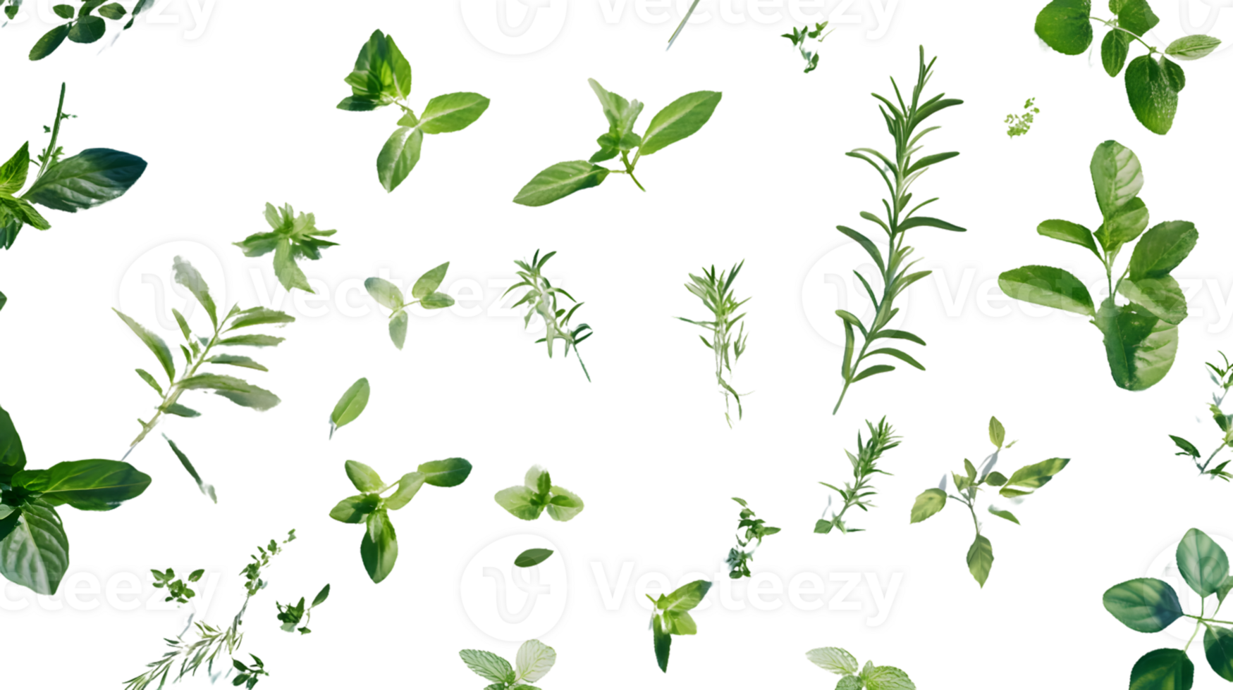 Fresh Greenery Sprigs and Leaves Floating on Black Background for Culinary Aromatic and Decor png