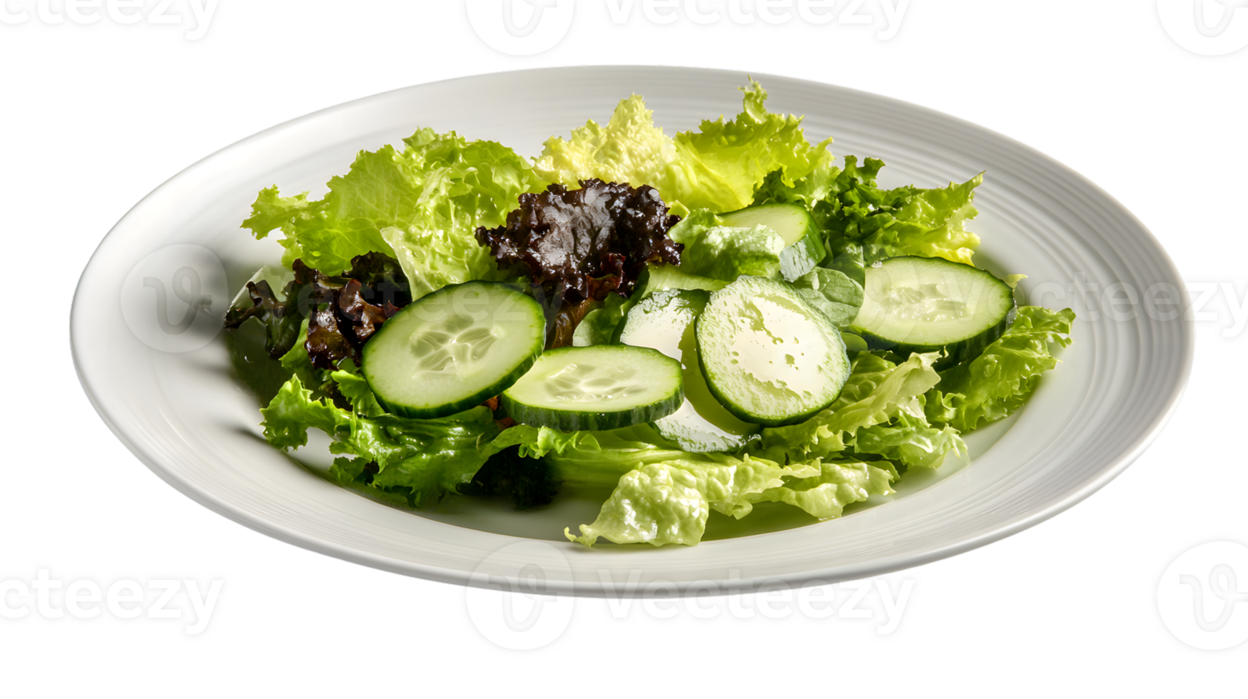 Fresh Green Salad with Crisp Cucumber Slices and Leafy Greens on a White Plate png