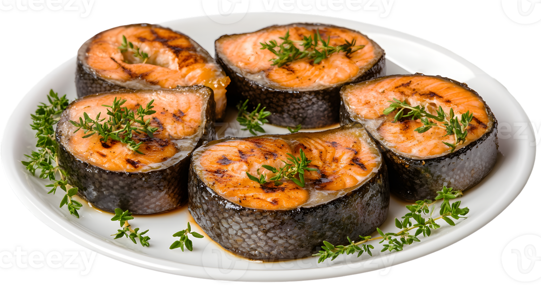 Grilled Salmon Steaks with Thyme Garnish on White Plate png