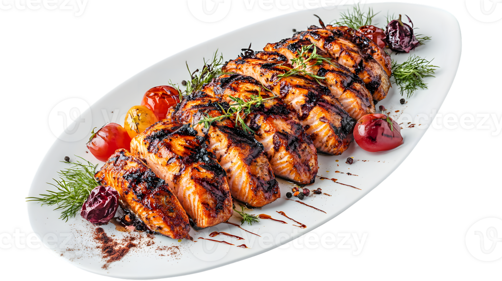 Grilled Salmon Fillet with Cherry Tomatoes and Herbs on a White Plate png