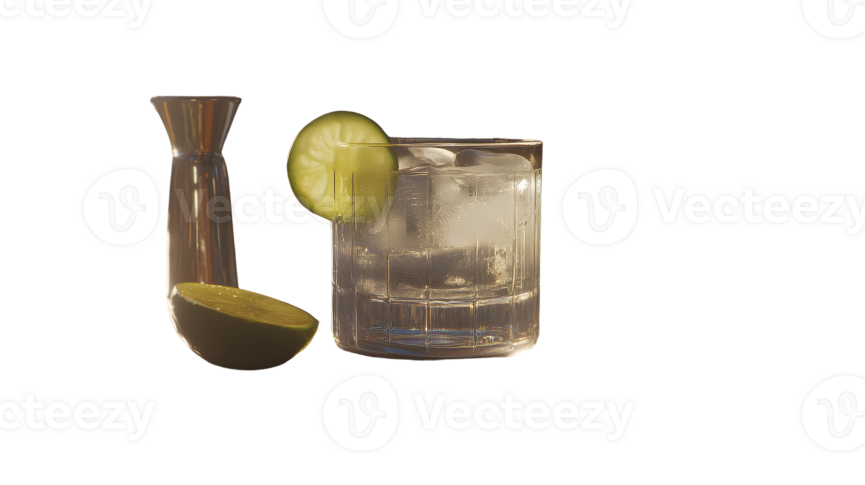 Refreshing Beverage with Ice and Citrus Garnish in a Glassware Set png