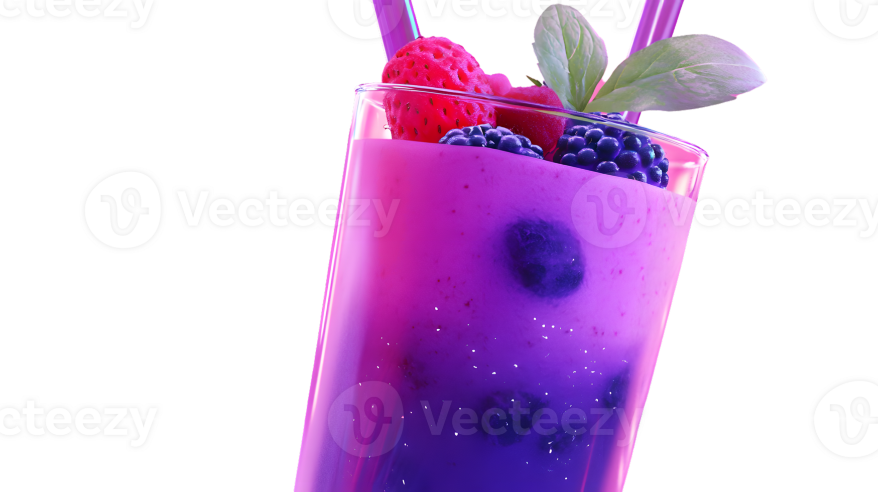 Refreshing Berry Smoothie with Fresh Fruits and Mint Garnish in a Glass with Straws png