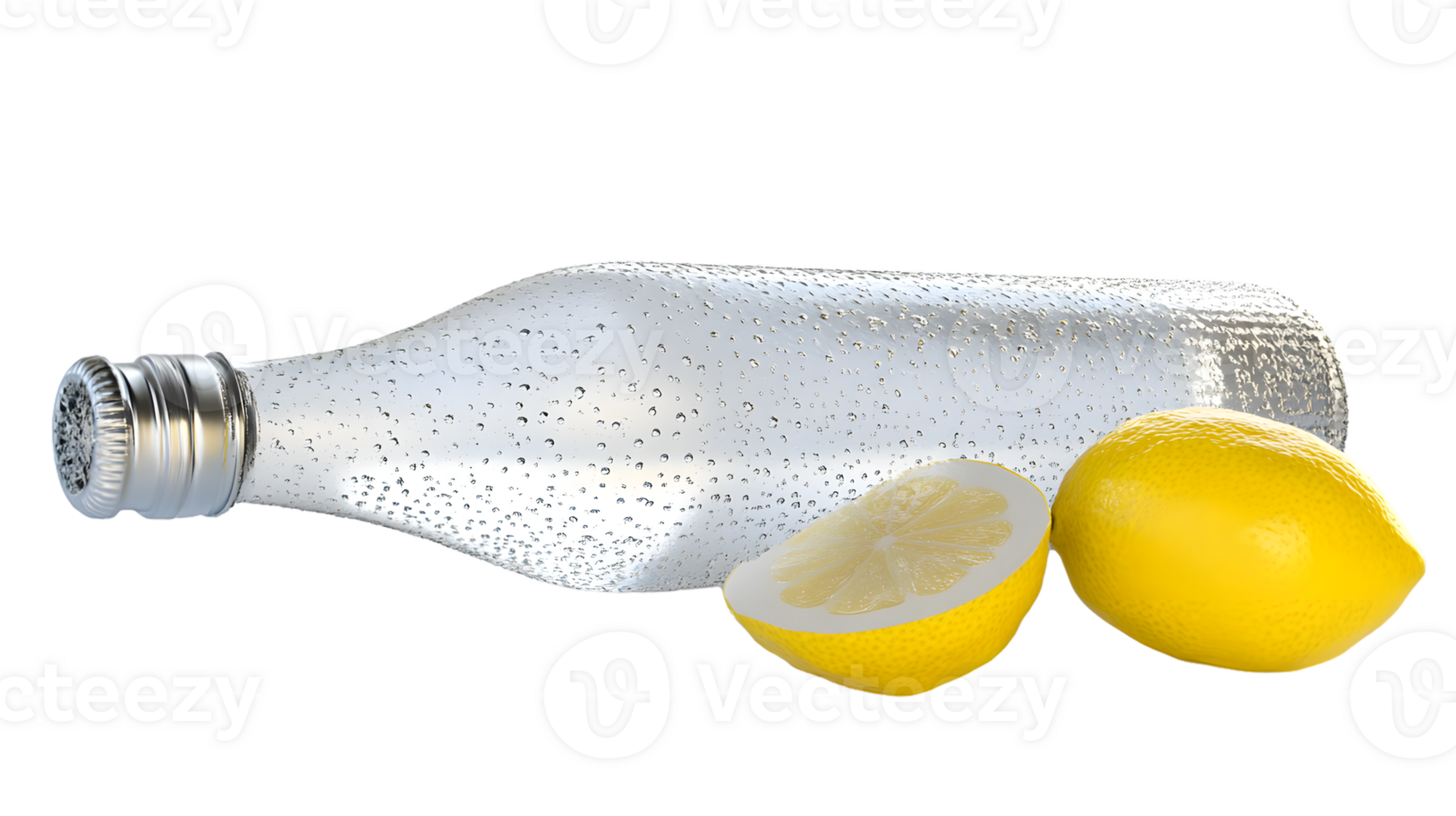 Refreshing Beverage with Lemon Slices and Condensation Droplets on a Transparent Bottle png
