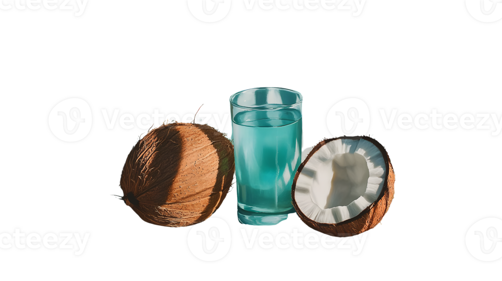 Refreshing Coconut Water with Whole and Halved Coconuts Ideal for Health and Wellness Content png