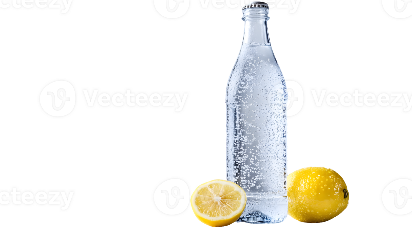 Refreshing Glass Bottle with Sparkling Water and Vibrant Lemons on a Dark Background png