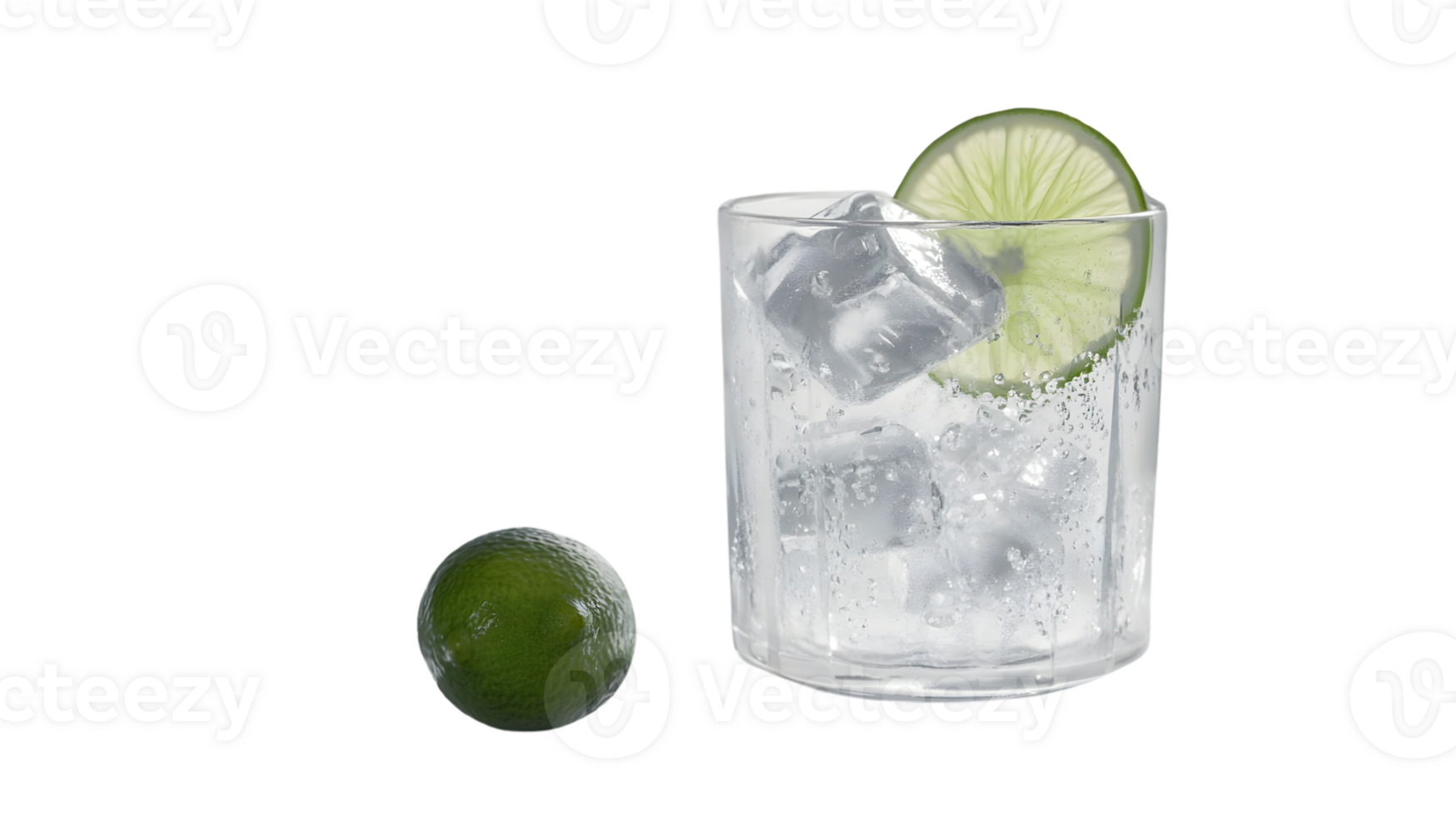 Refreshing Glass of Ice Water with Lime Slices and a Whole Lime on a Black Background png
