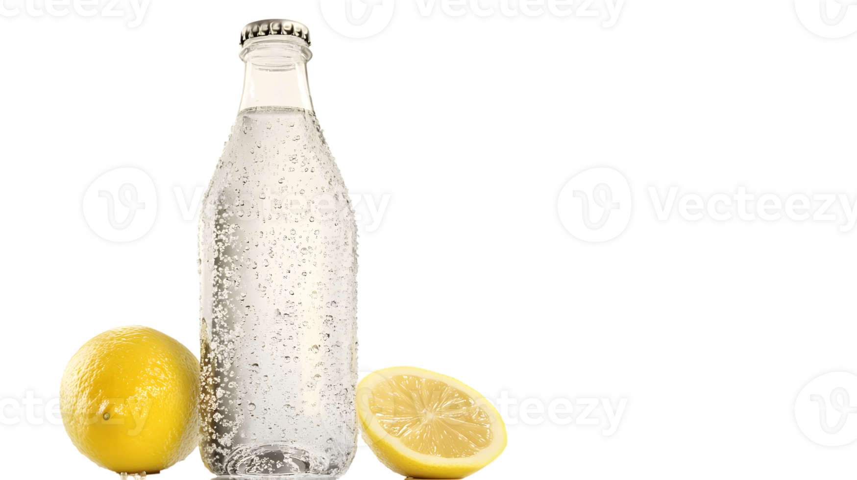 Refreshing Glass Bottle with Lemon Slices and Whole Fruit on a Black Background Ideal for Beve png