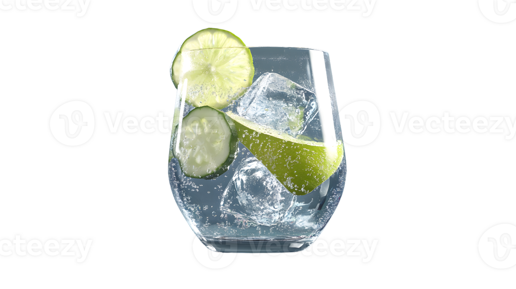 Refreshing Glass with Ice Cucumber and Lime Slices in Sparkling Water png