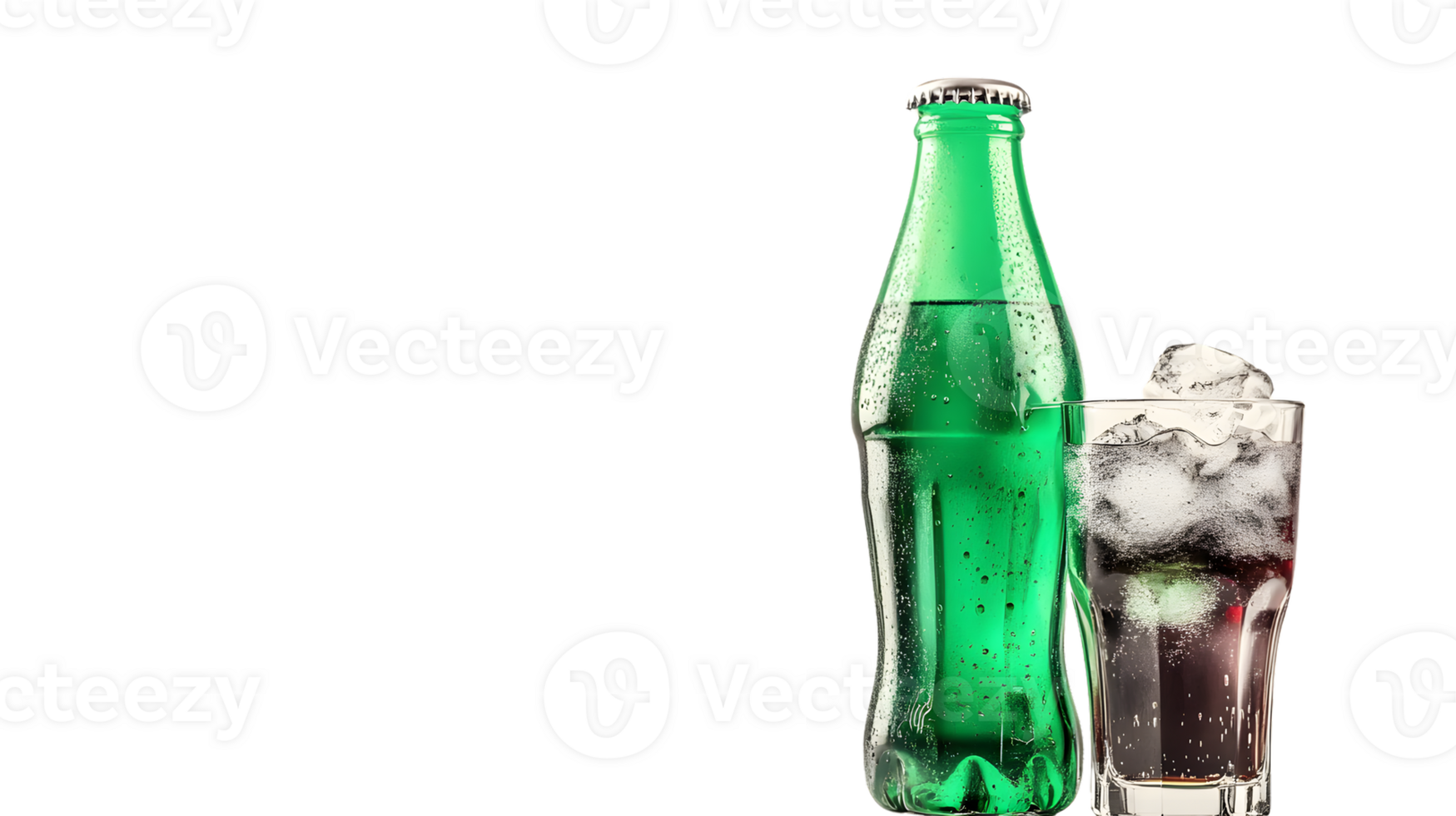 Refreshing Green Bottle and Glass with Ice Cubes on a Black Background png