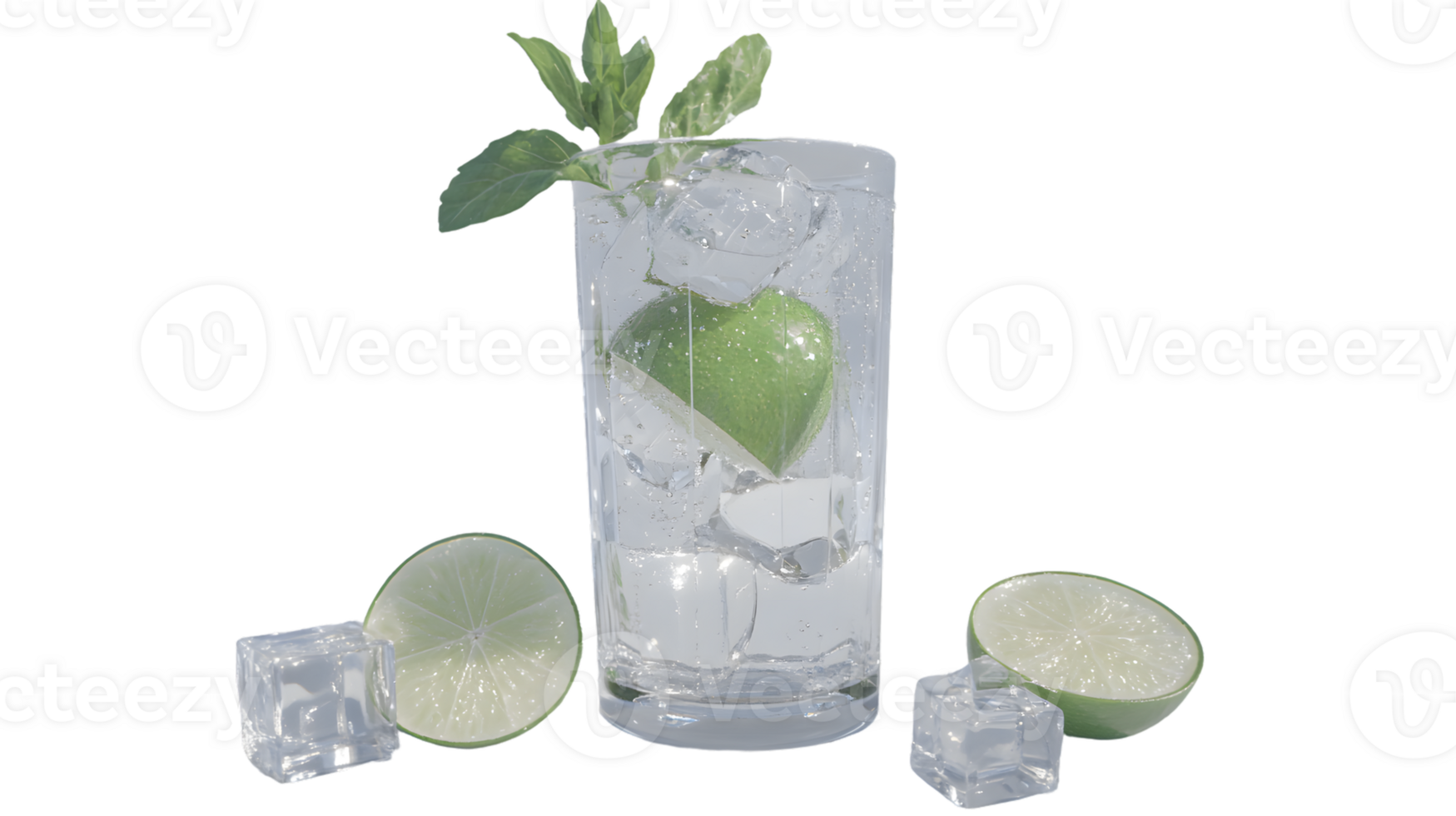 Refreshing Iced Beverage with Lime and Mint Garnish in a Tall Glass png