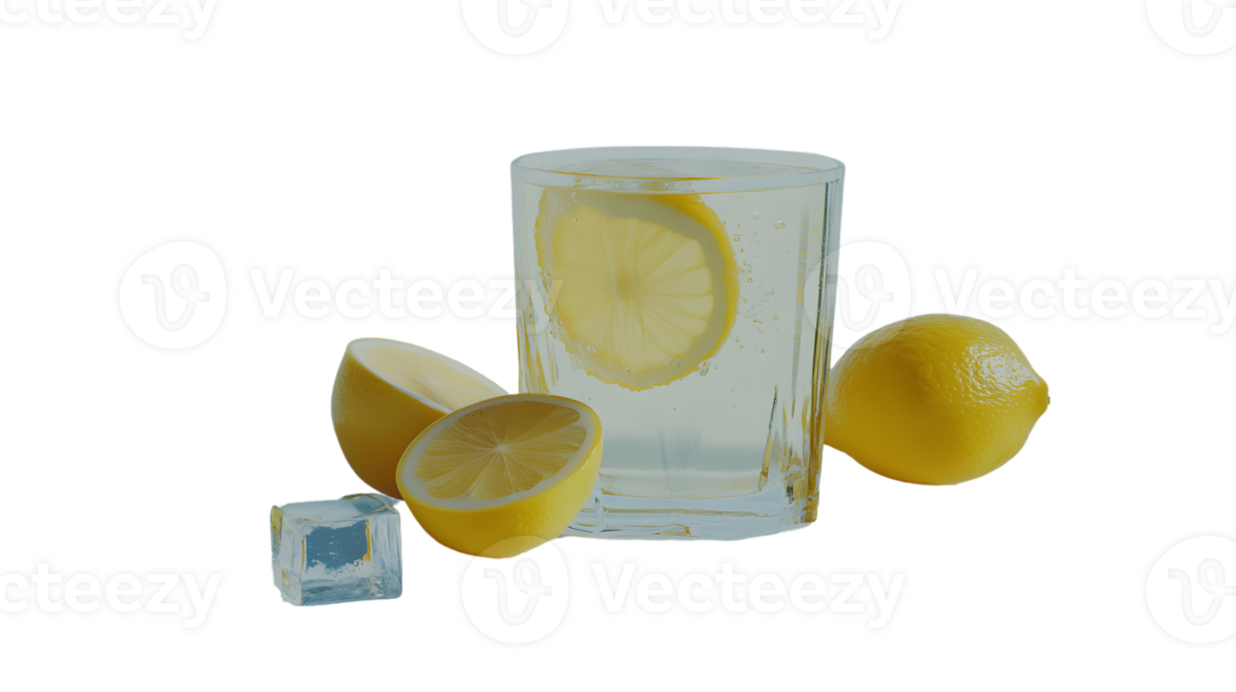 Refreshing Lemon Water with Ice Cubes and Slices Ideal for Health and Beverage Themes png