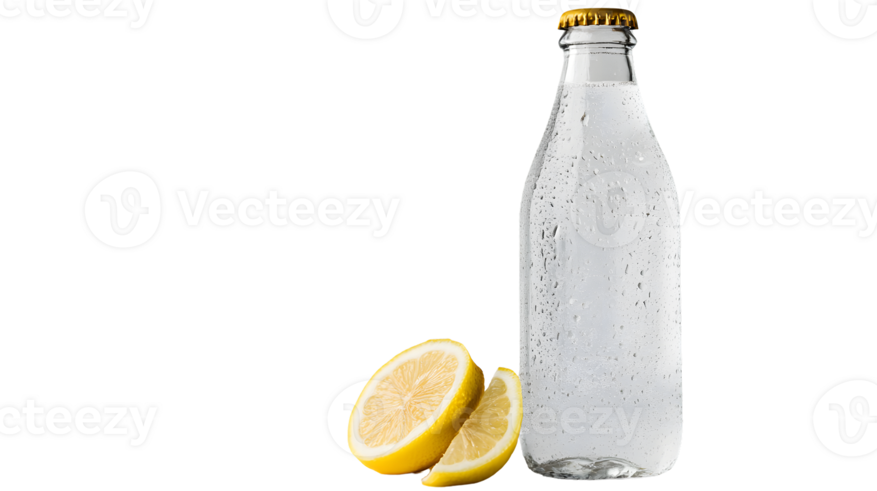 Refreshing Lemon Beverage in a Glass Bottle with Condensation and Slices of Lemon png