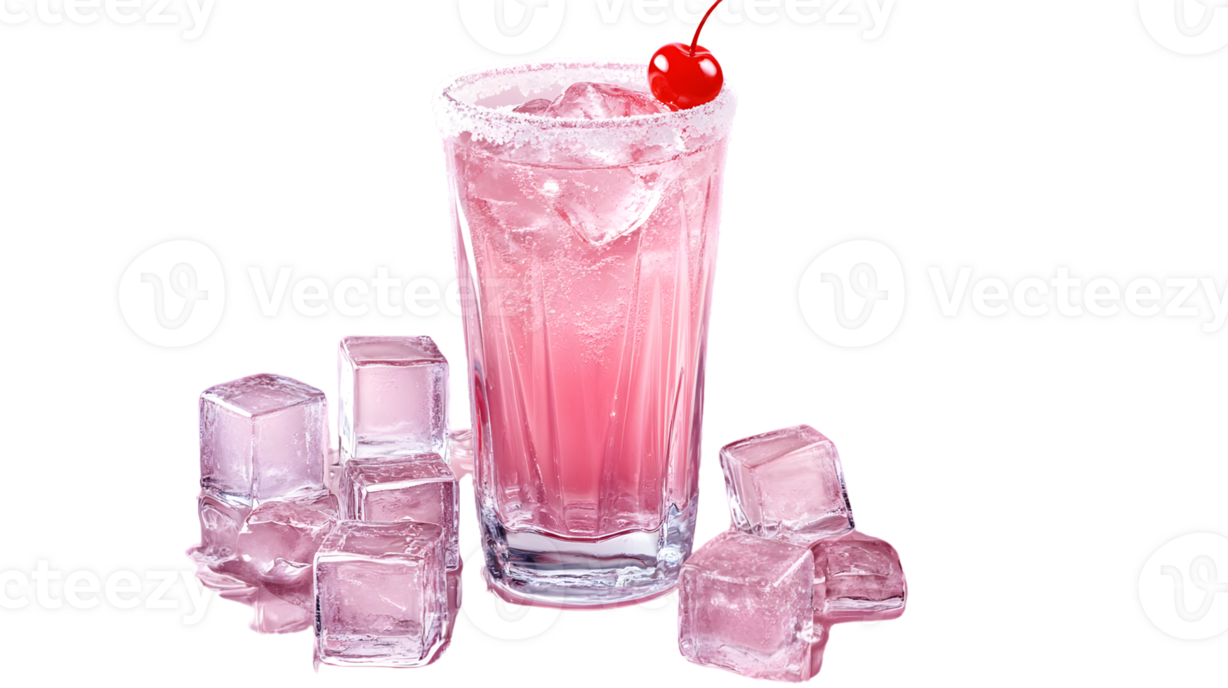 Refreshing Pink Cocktail with Ice Cubes and a Cherry Garnish png