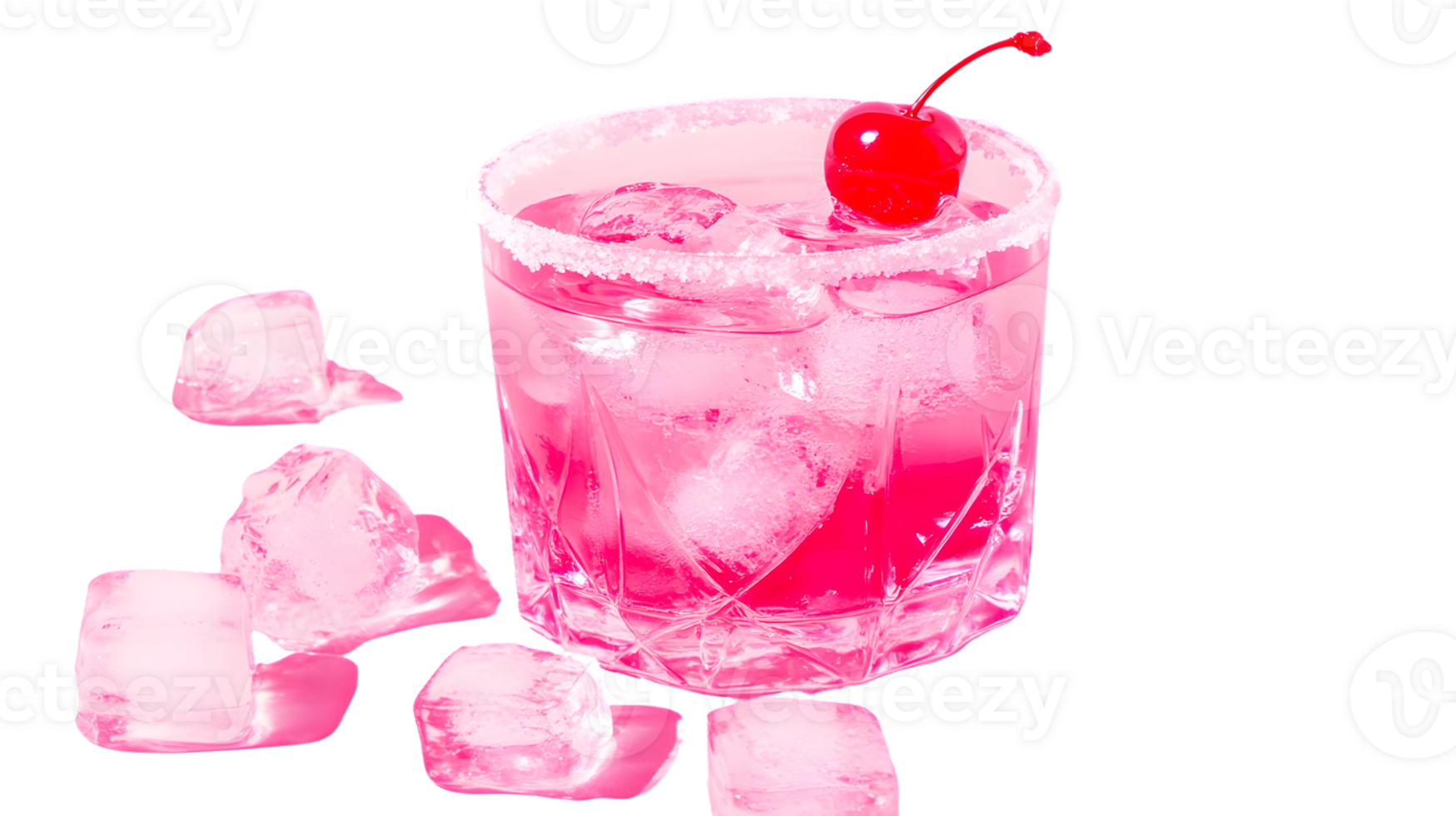 Refreshing Pink Cocktail with Ice Cubes and Cherry Garnish in a Glass png