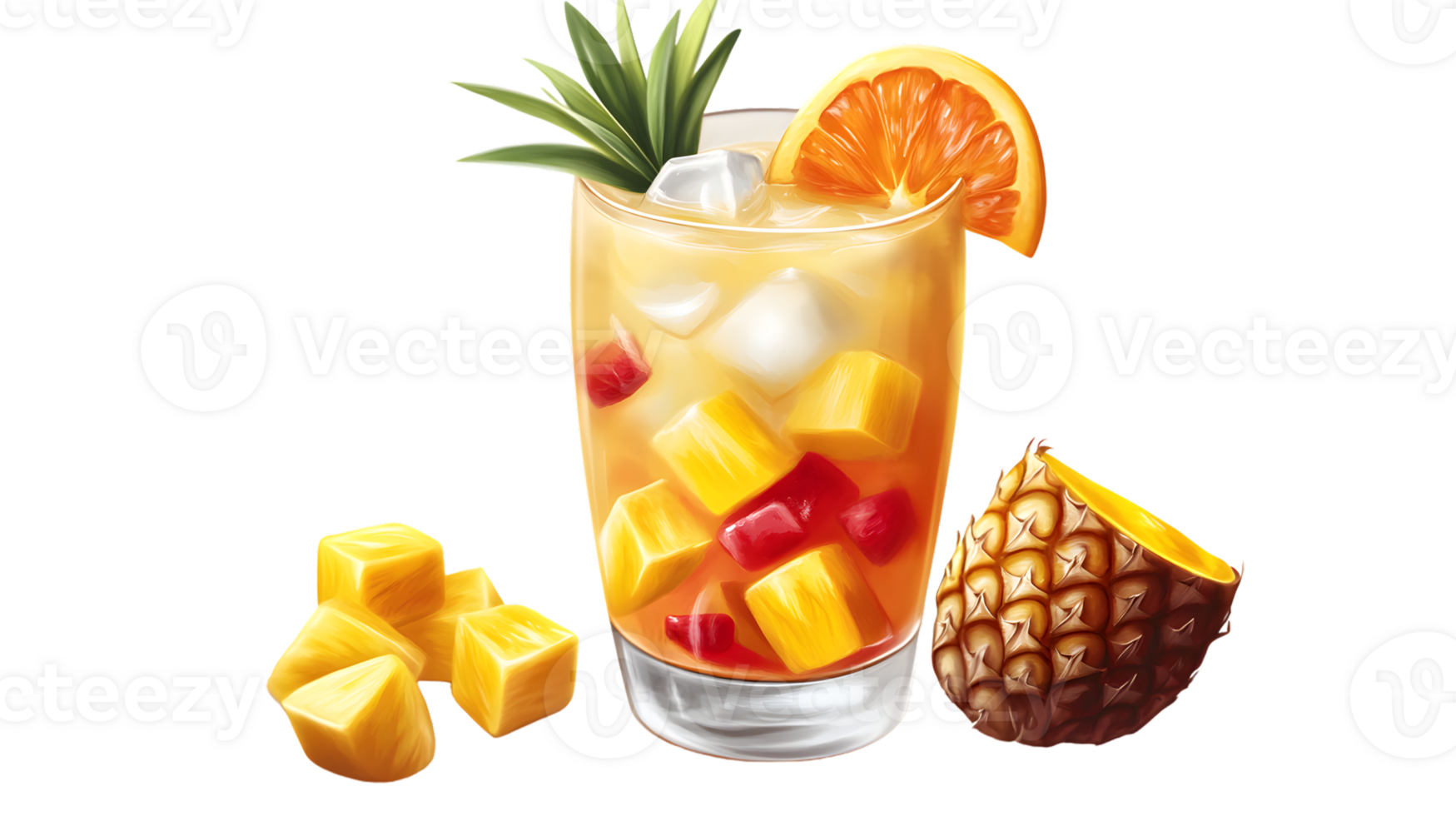 Refreshing Tropical Beverage with Ice Fruits and Pineapple Garnish png