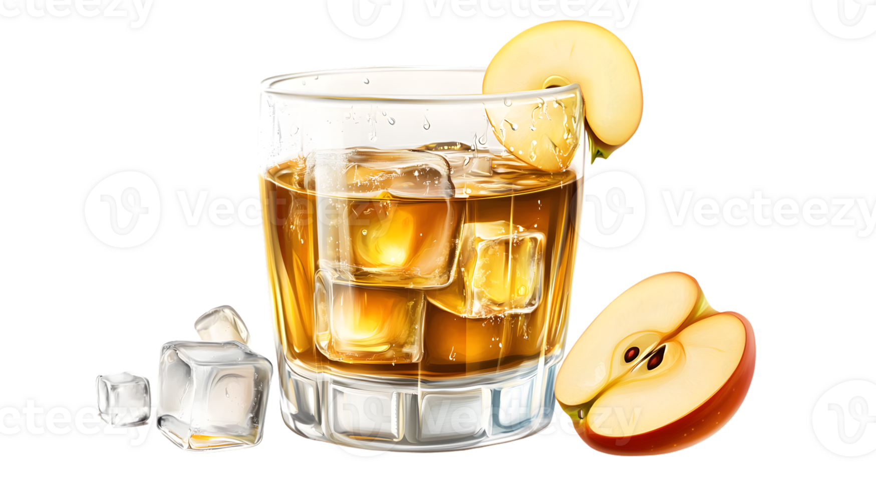 Refreshing Whiskey Cocktail with Ice Cubes and Apple Slices Ideal for Drink Recipes and Bevera png