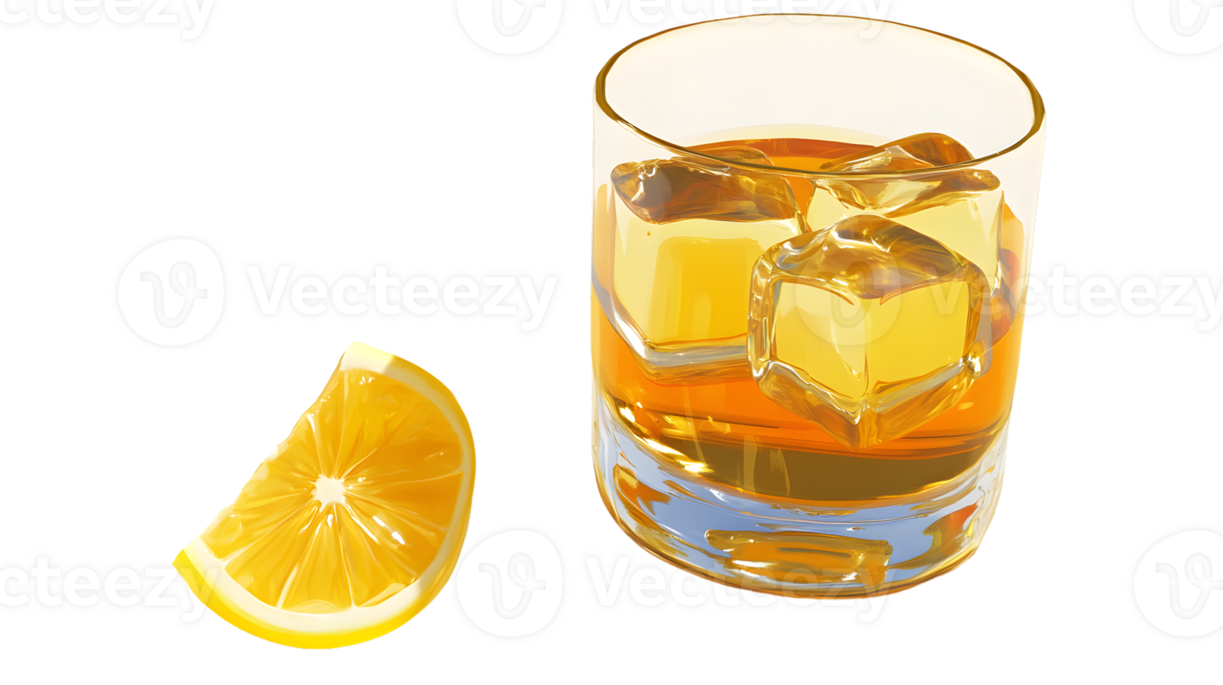 Refreshing Whiskey Glass with Ice Cubes and Lemon Slice Ideal for Beverage Ads Cocktail Recip png