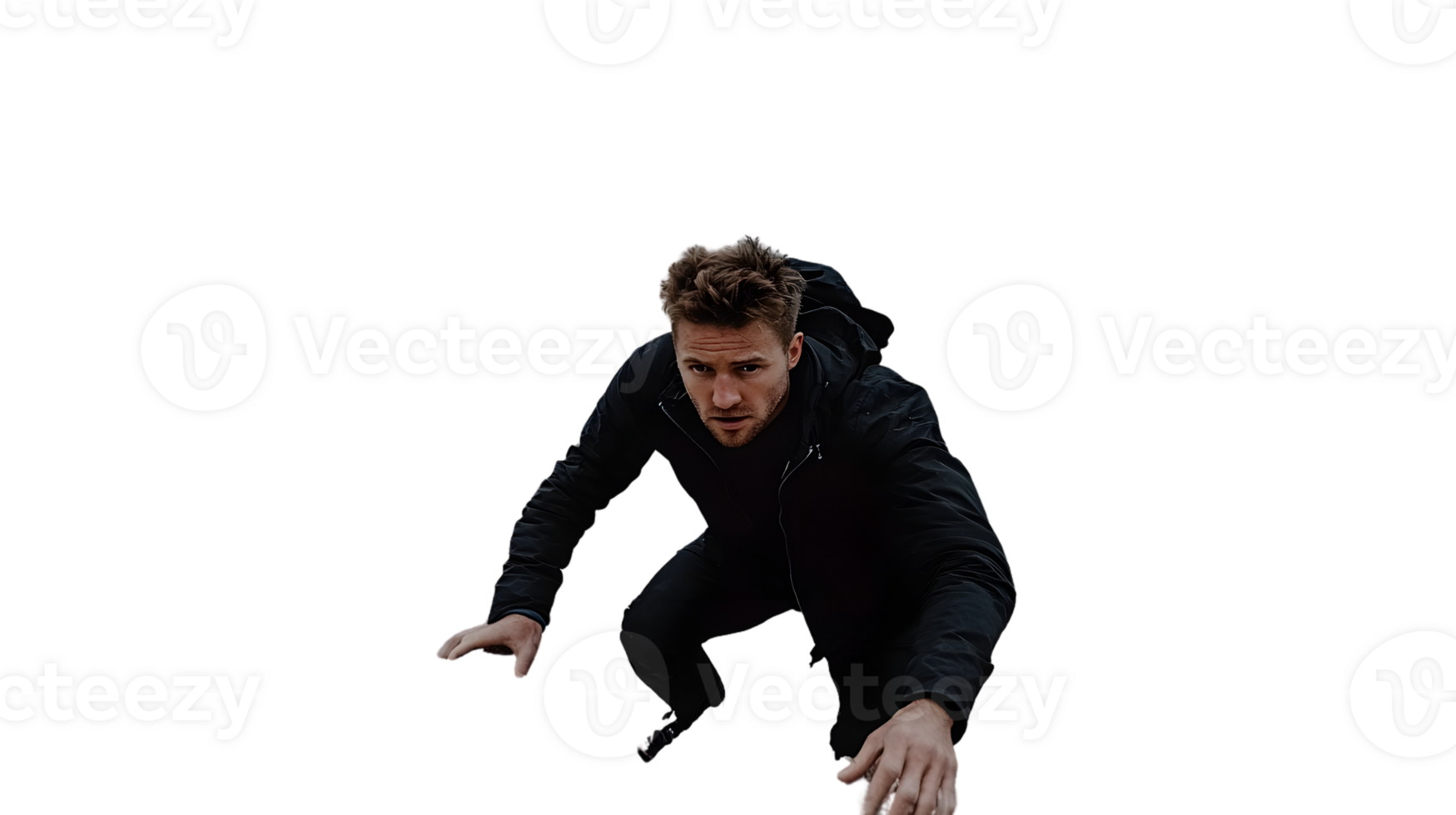 Man in black jacket crouching low dramatic low angle view png