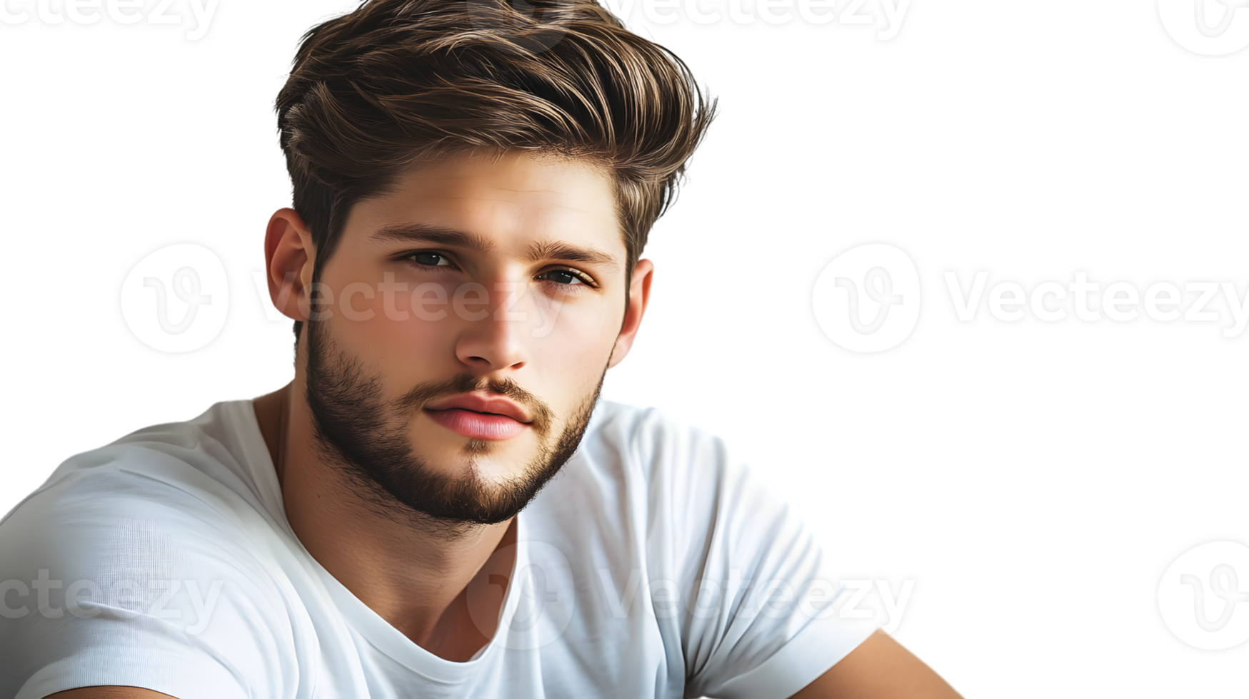 Man with stylish haircut and beard wearing a white tshirt png