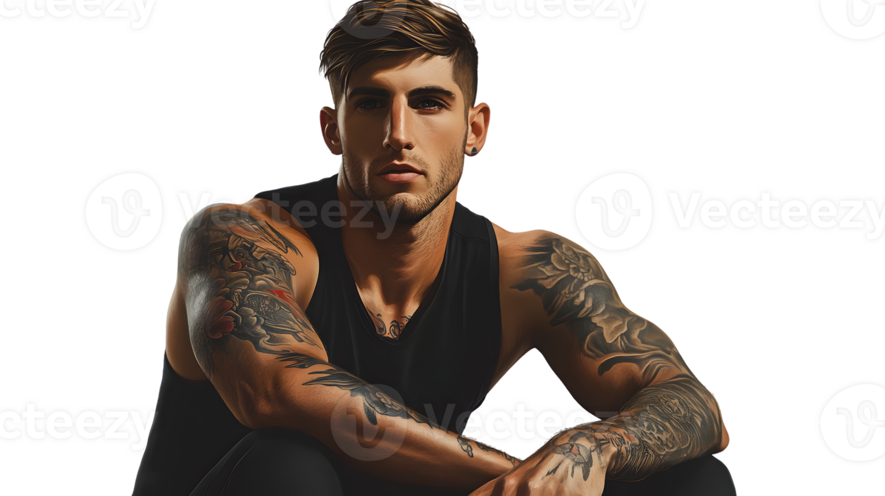 Muscular Man with Intricate Tattoos in a Casual Pose png