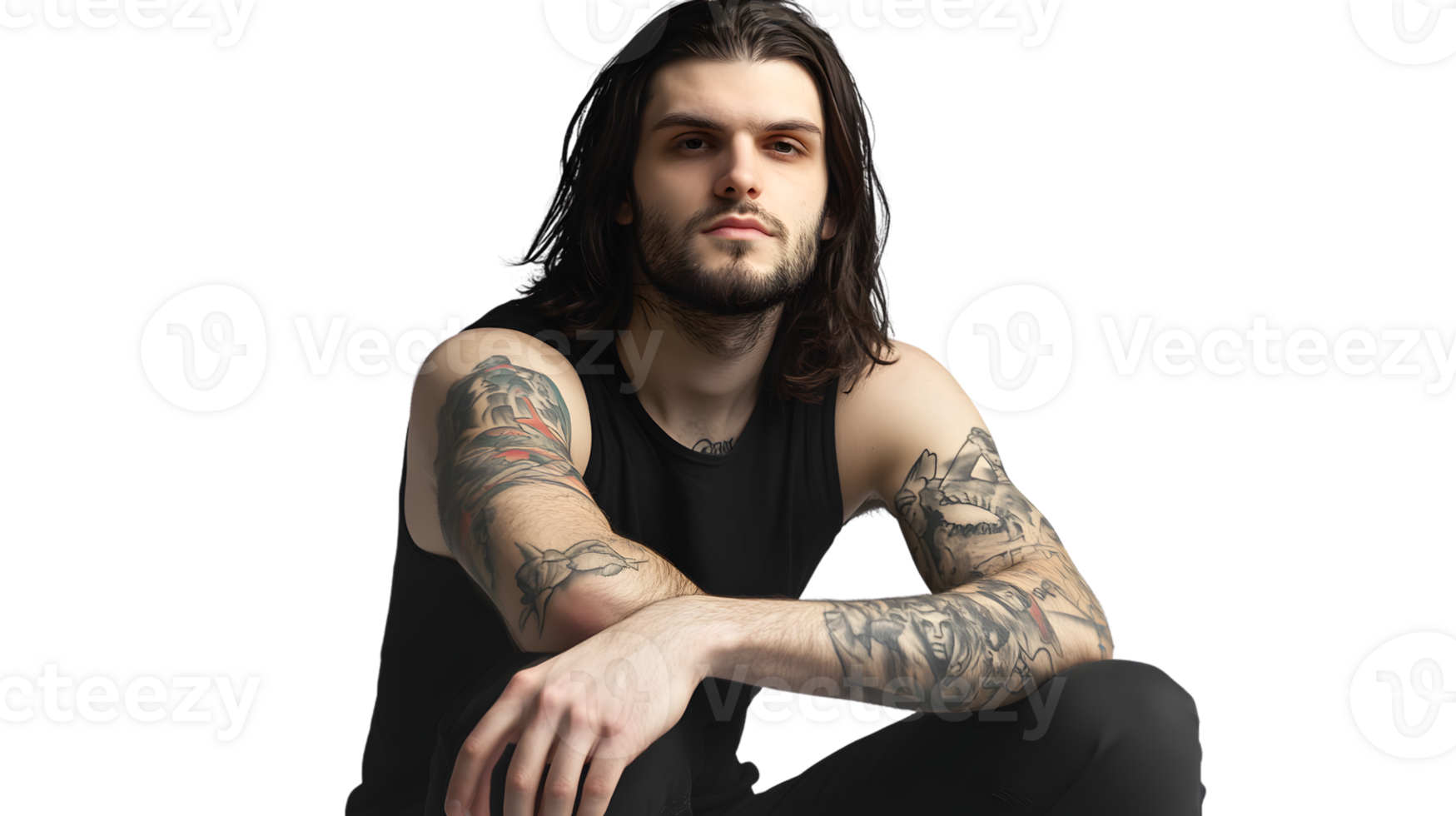 Muscular Man with Arm Tattoos in a Black Tank Top Sitting Pose Fitness and Artistic Design png