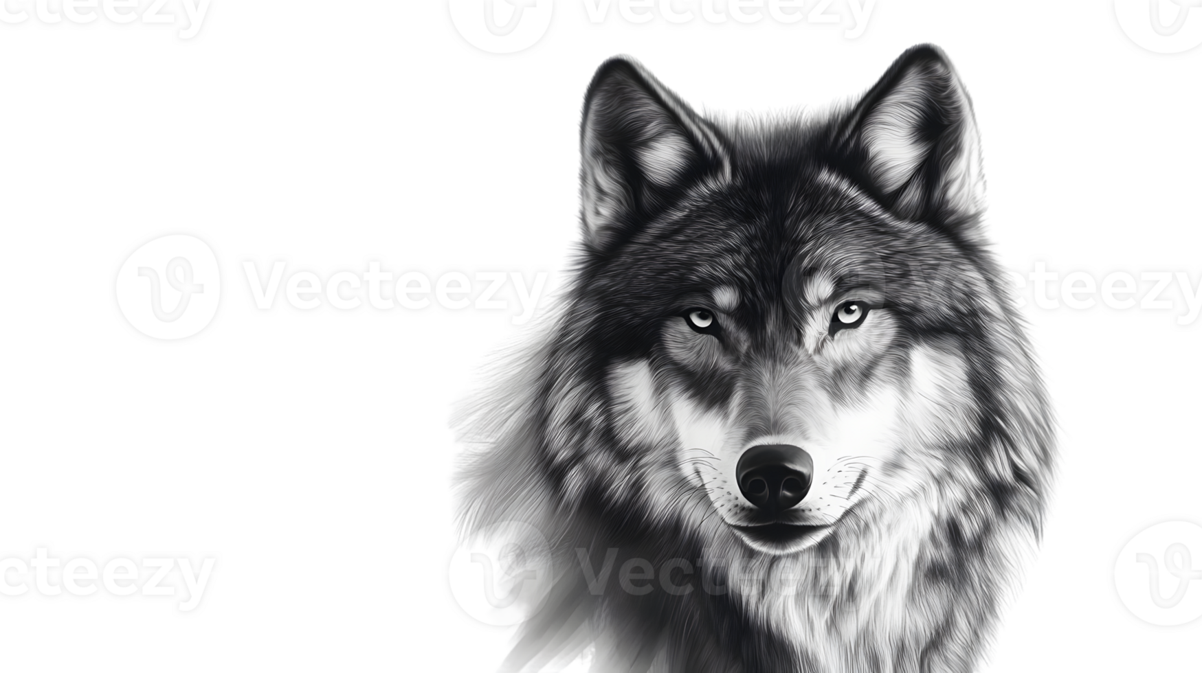 Monochrome Wolf Portrait Detailed Black and White Illustration of a Wild Canine with Intense E png