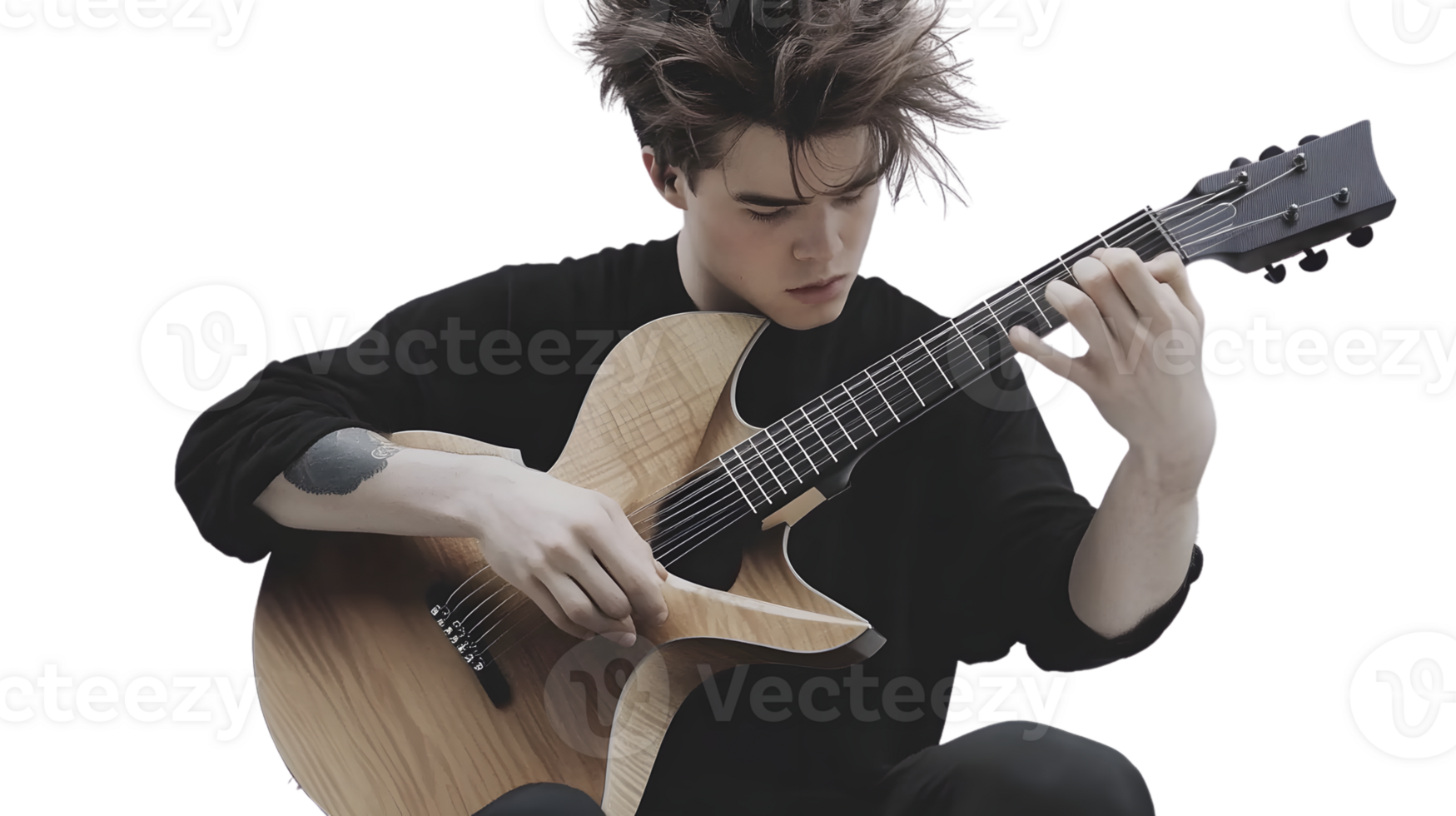 Musician Playing Acoustic Guitar with Intense Focus and Dynamic Hair Movement Ideal for Music png