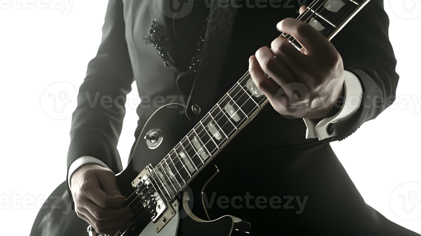 Musician in Formal Attire Playing Electric Guitar CloseUp of Hands on Fretboard and Strings png