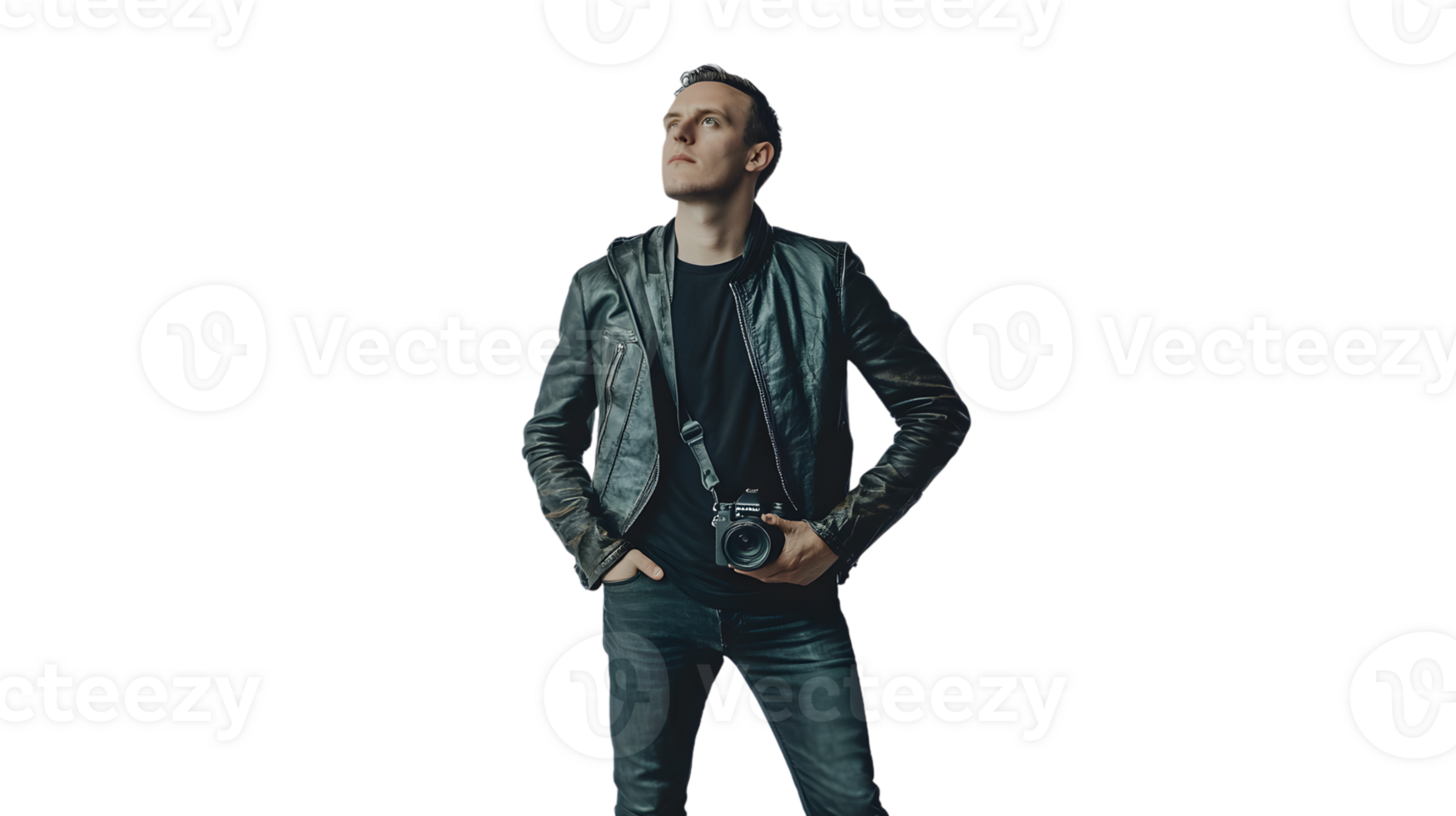 Photographer in Leather Jacket Holding Camera Capturing Moments with Style and Confidence png