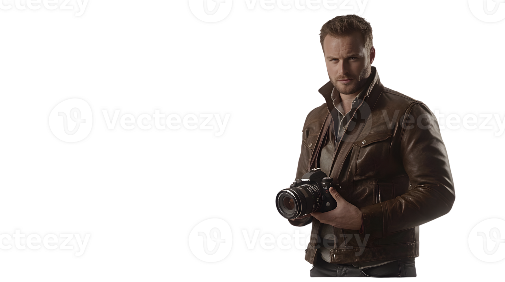 Photographer in Leather Jacket Holding a Camera Against a Black Background png