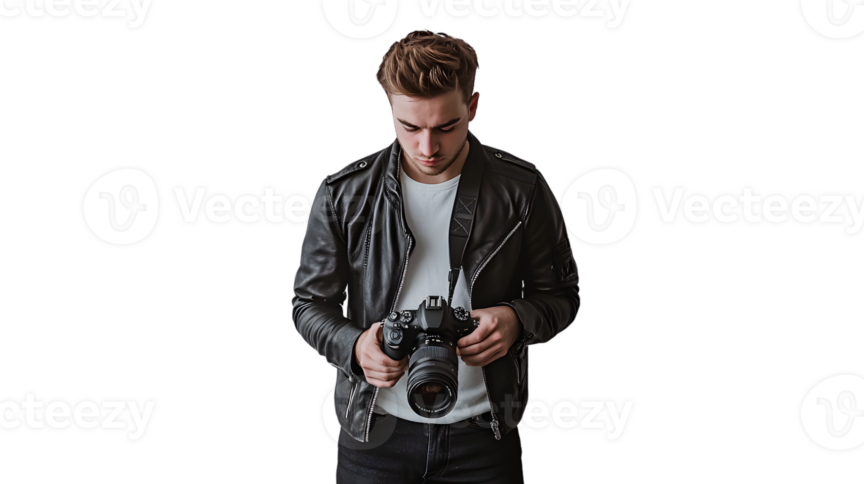 Photographer in Action Capturing Moments with a DSLR Camera Wearing Leather Jacket and Focuse png