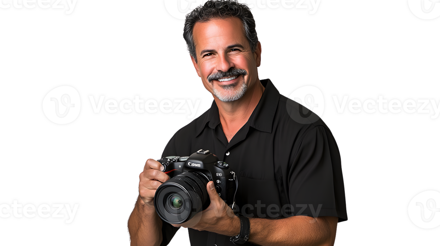 Photographer Holding a Camera with Professional Lens Smiling and Ready to Capture Moments png