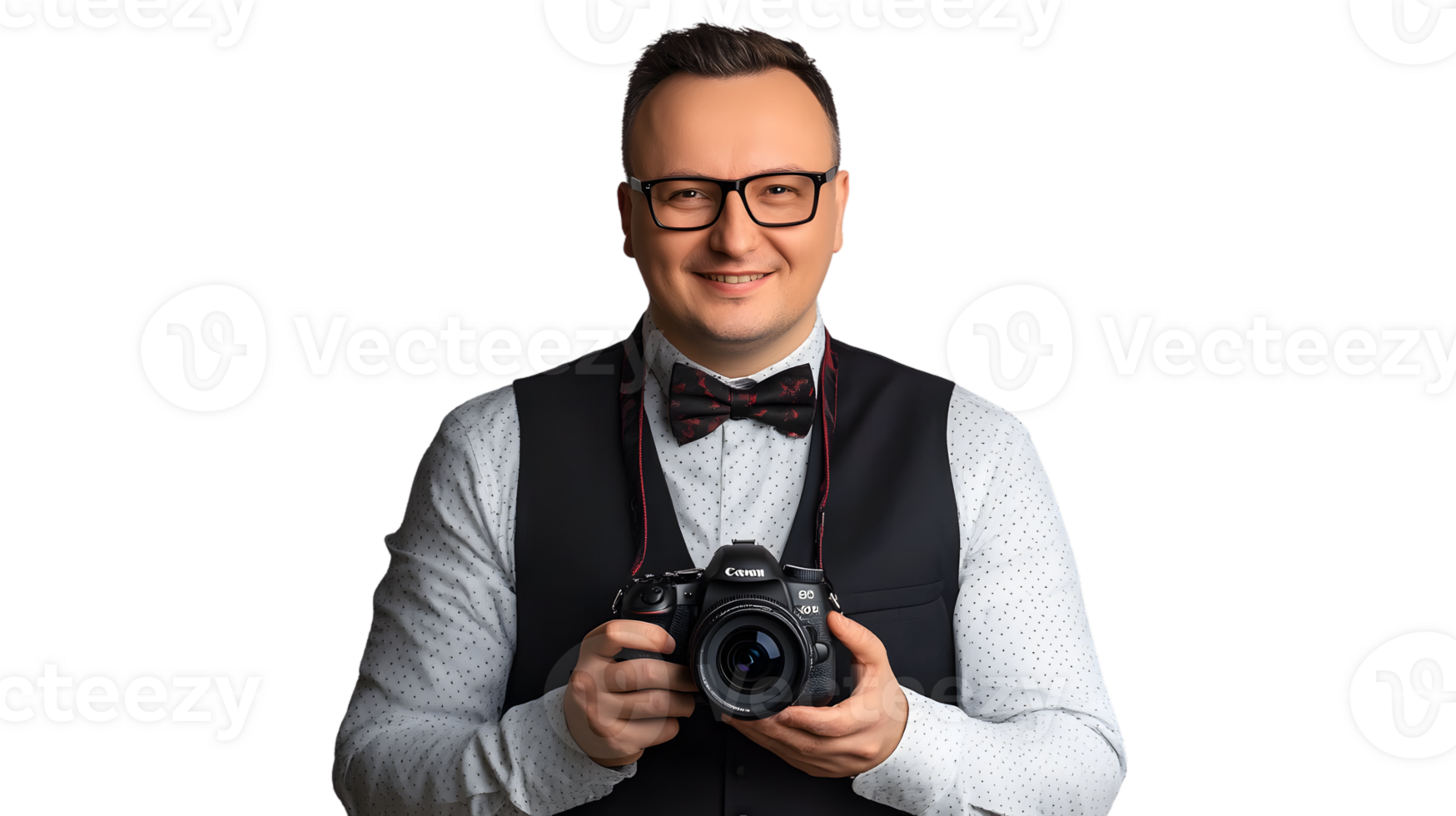 Photographer Holding a Camera with Professional Gear Wearing Glasses and Bow Tie Studio Portr png