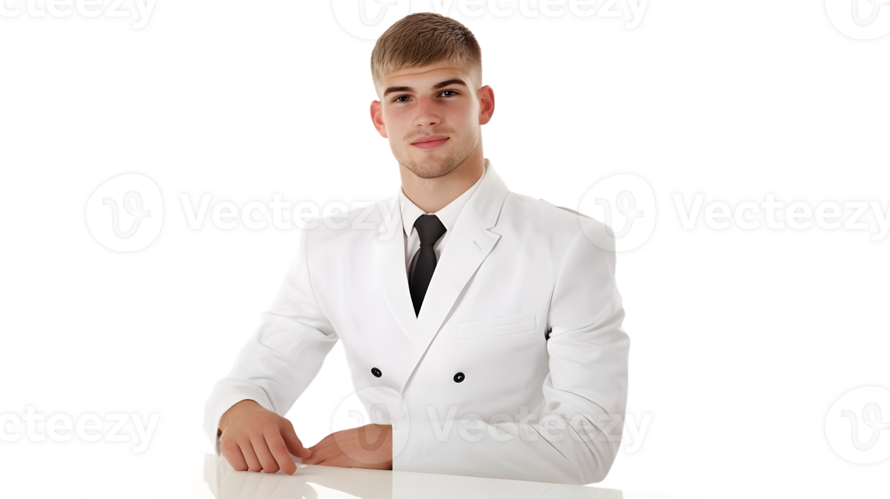 Professional in White Suit Sitting at Desk Businessman Wearing Formal Attire Corporate Style png