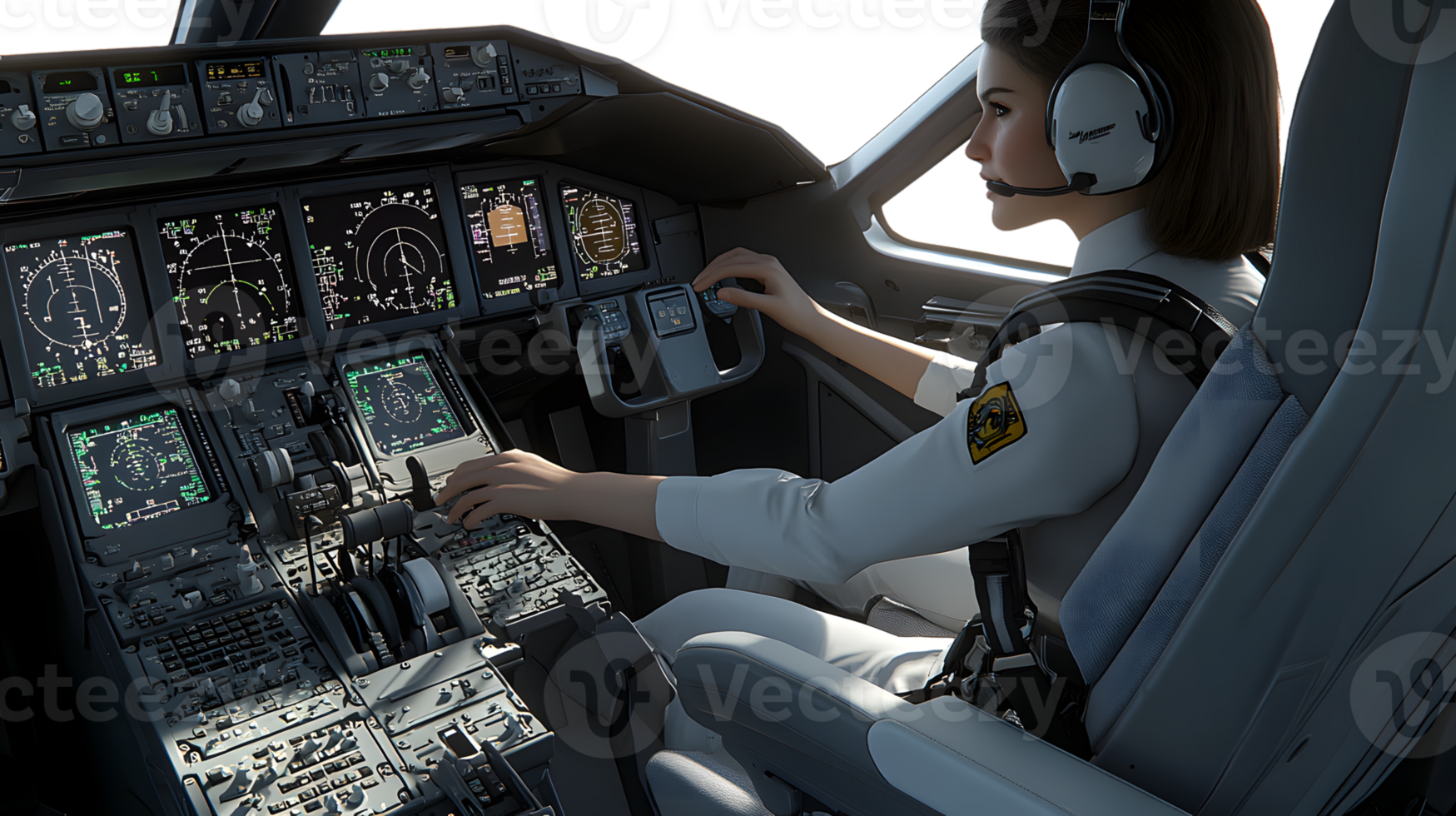 Pilot operating aircraft controls in cockpit png