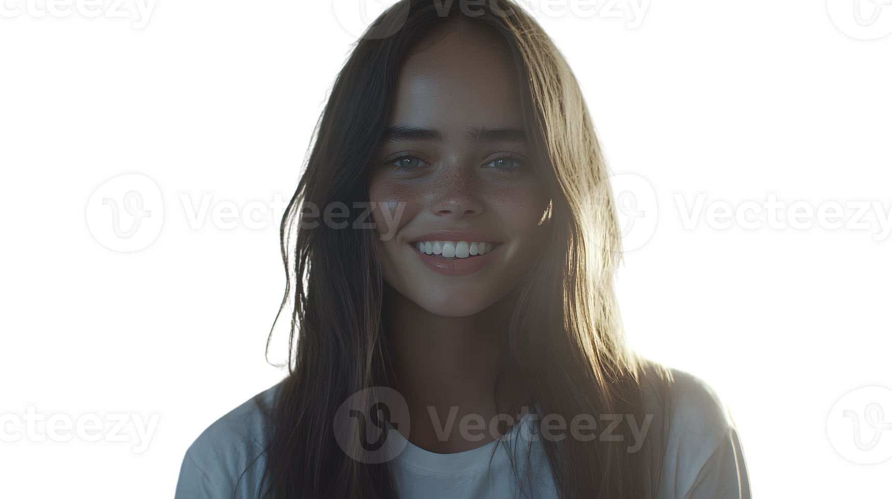 Radiant Smile A Young Woman with Freckles and Long Hair in Soft Lighting png