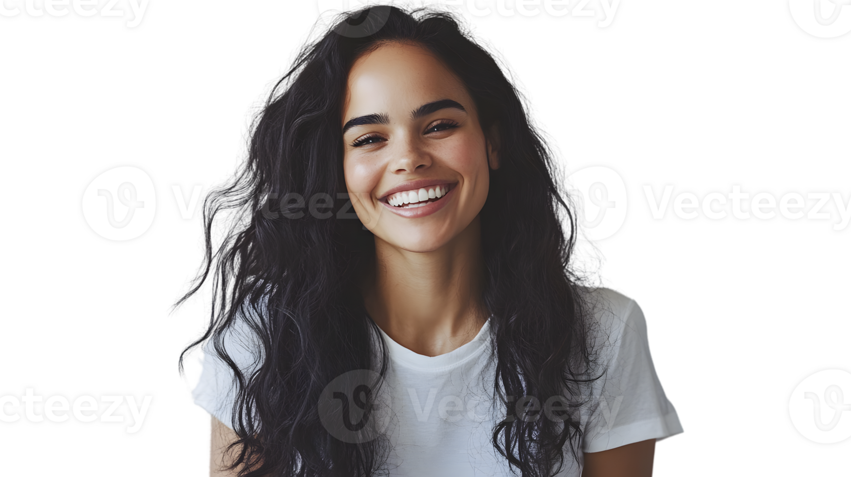 Radiant Smile A Woman with Long Wavy Hair in a White TShirt Against a Black Background png