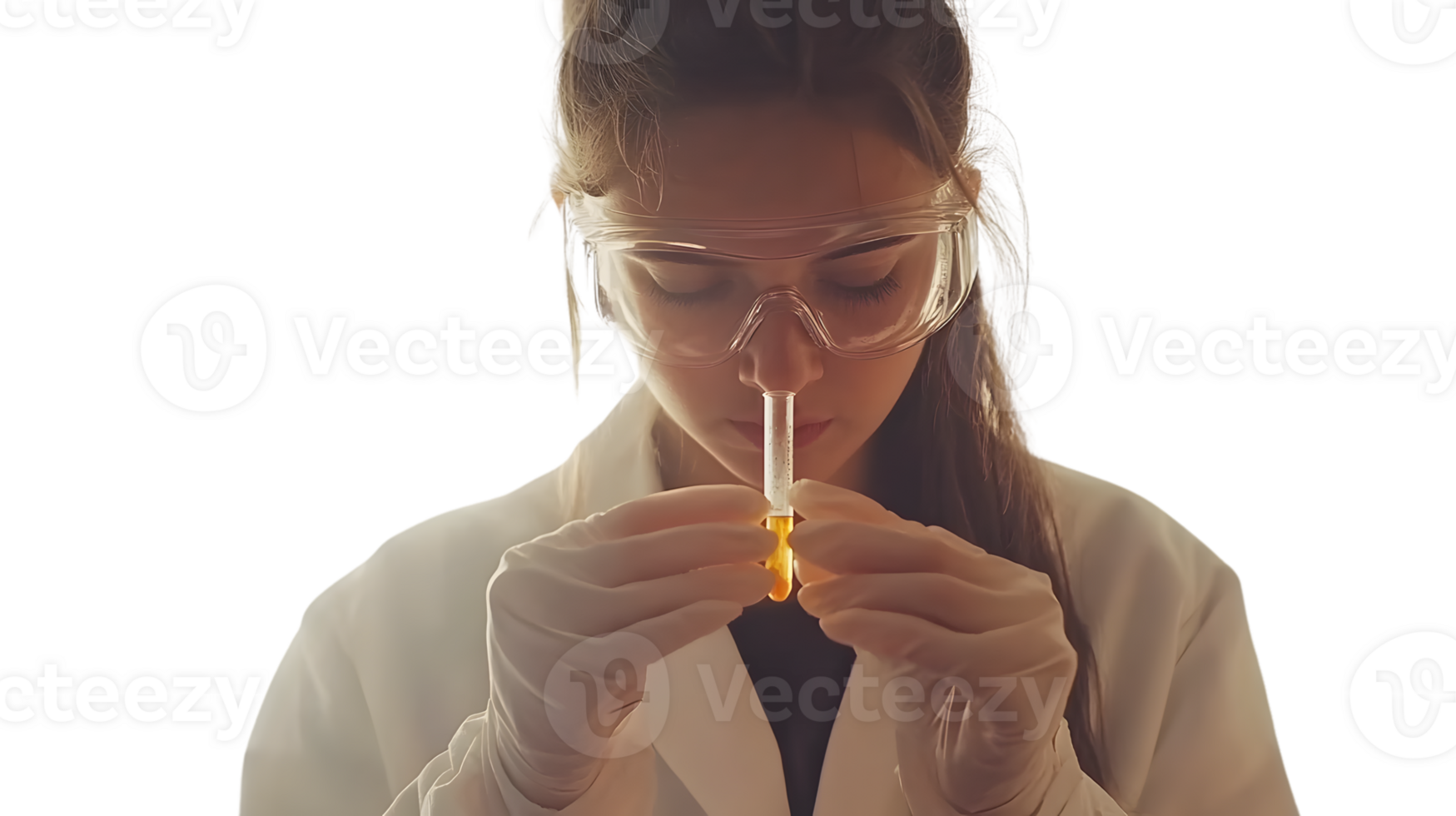 Scientist in Lab Coat Examining Test Tube with Precision and Focus png