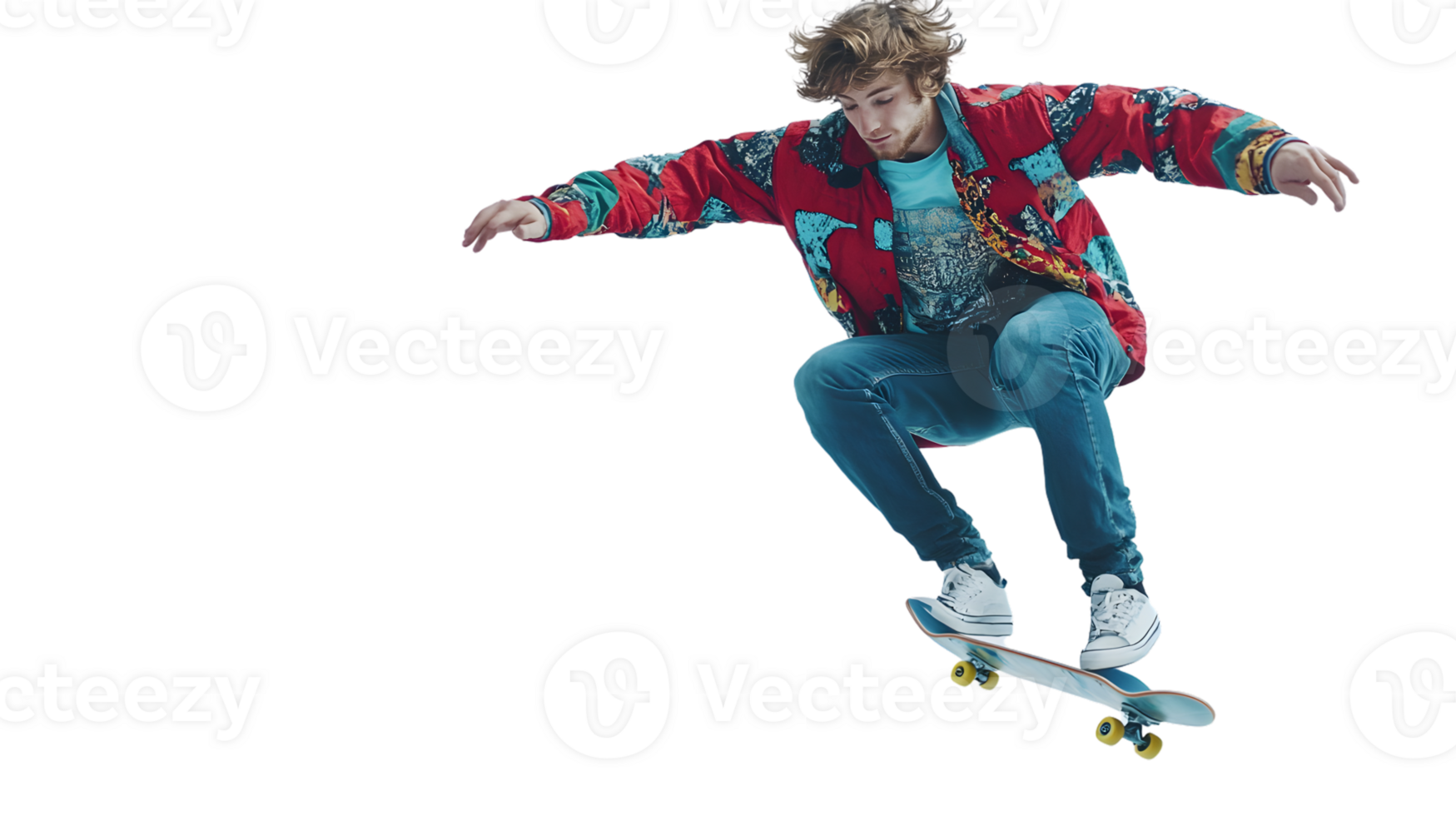 Skateboarder in Action Dynamic Pose with Colorful Jacket and Blue Jeans png