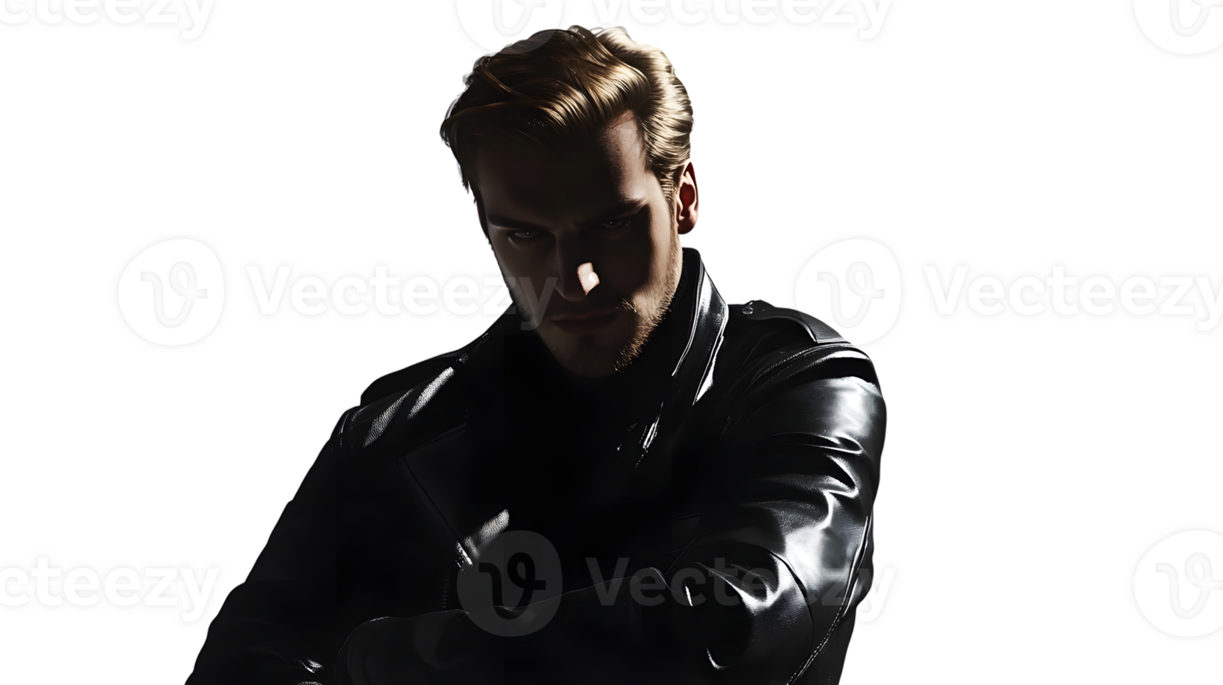 Stylish Man in Leather Jacket with Dramatic Lighting and Intense Expression png