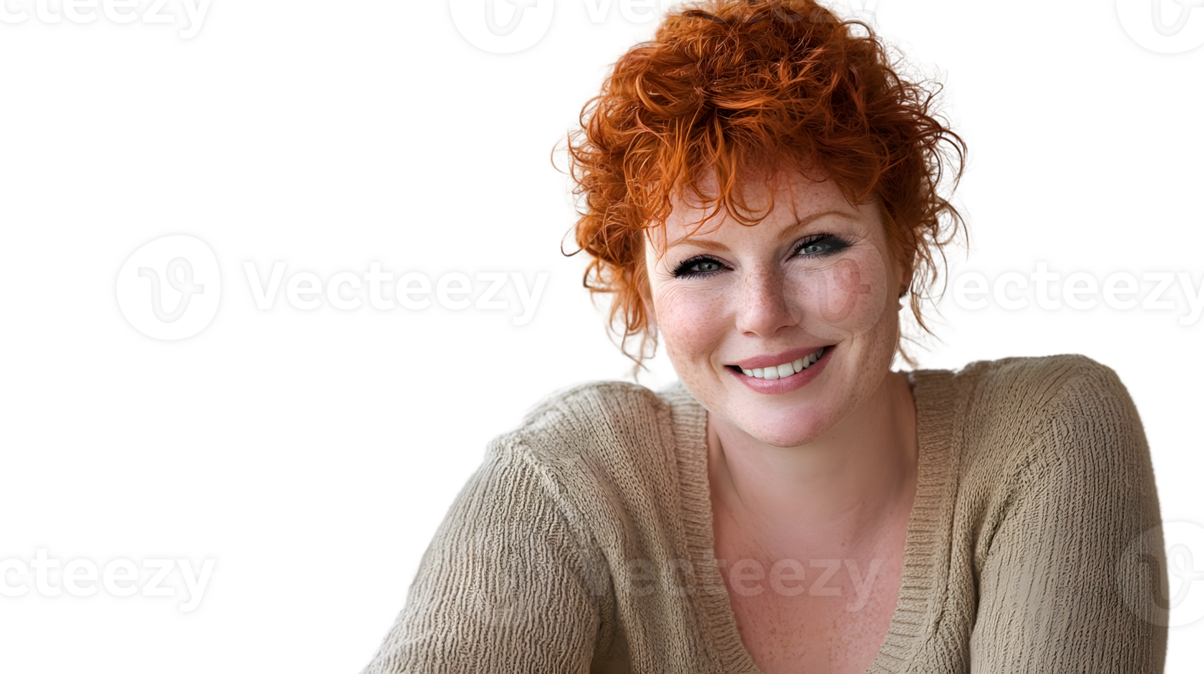 Smiling woman with red curly hair and freckles png
